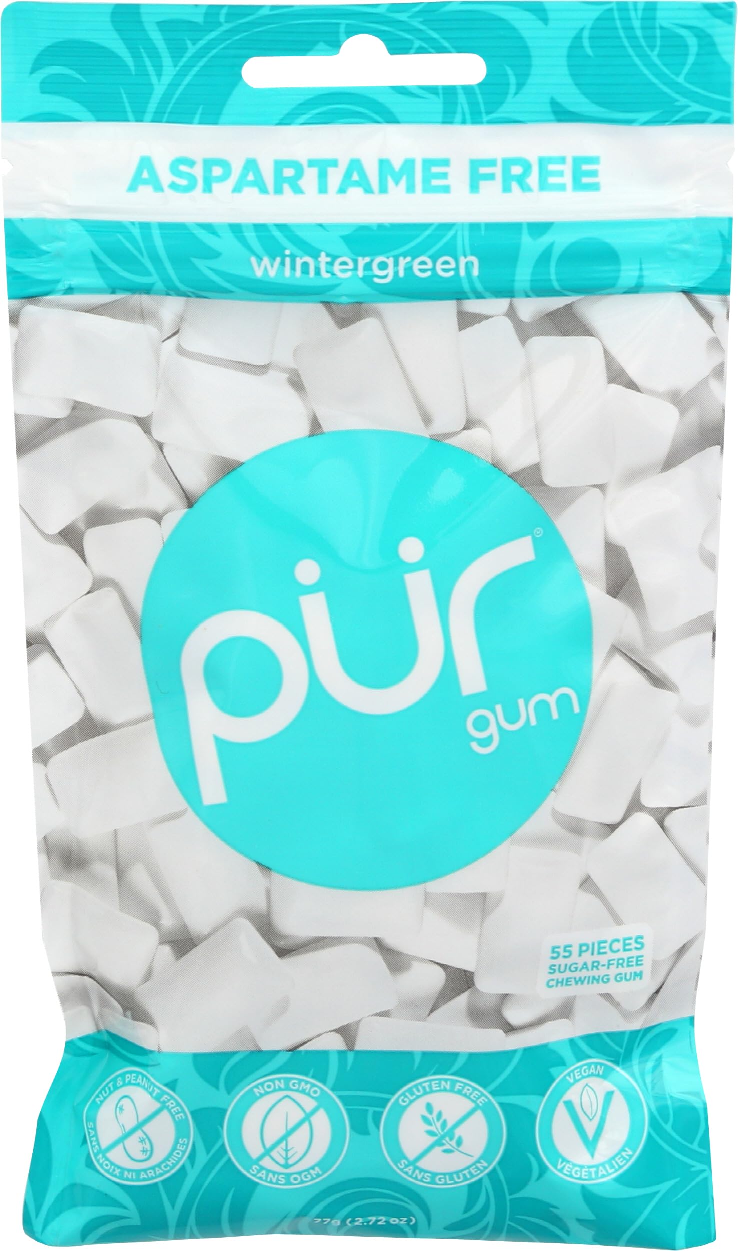 PUR Gum | Chicle Sin Azúcar | 100% Xilitol | Vegano, Sin Aspartamo, Sin Gluten y Apto Para Diabéticos | Chicle Natural Sabor Wintergreen, 55 Piezas (Paquete de 1)