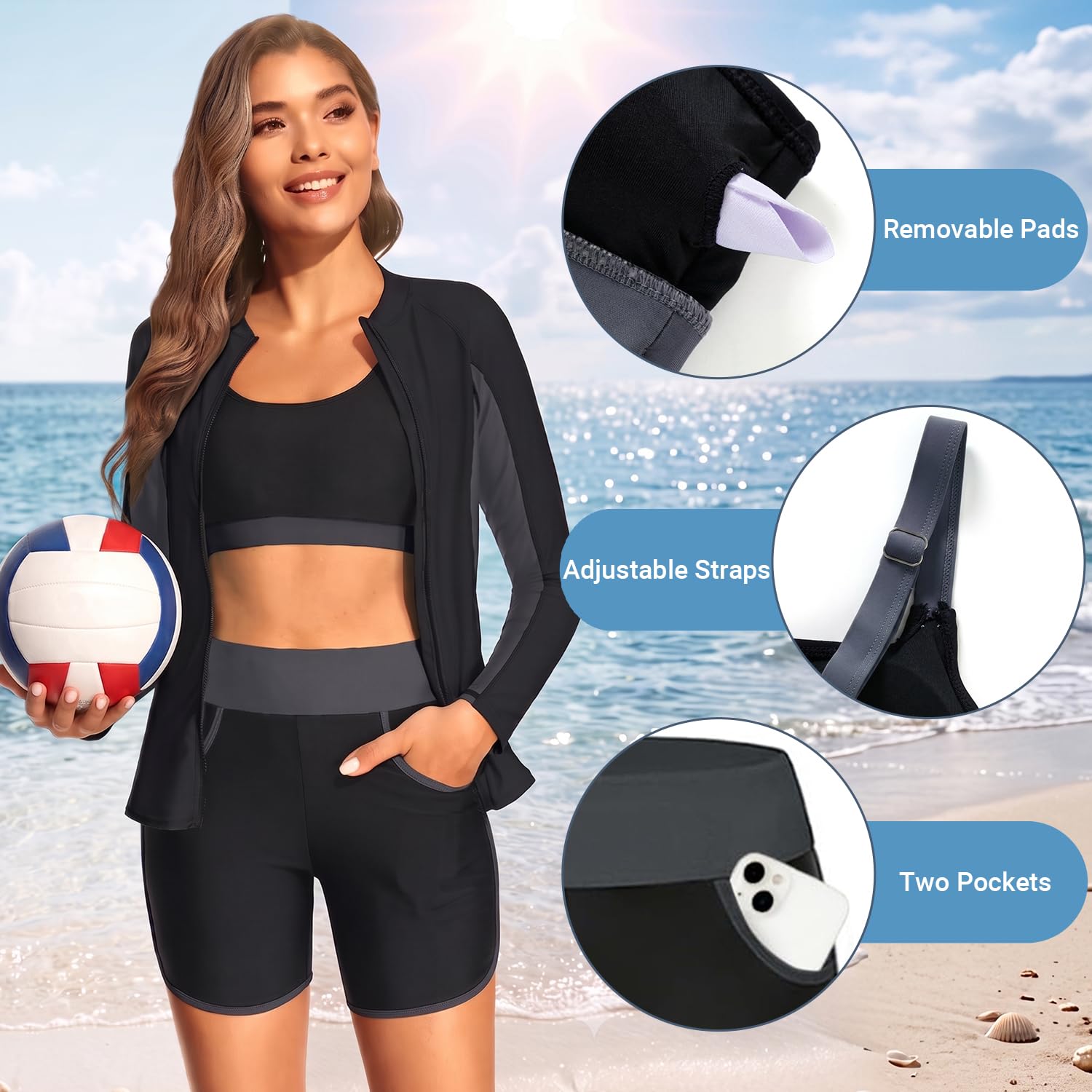 Traje de baño de 3 piezas para mujer, de manga larga, brasier integrado, con cremallera, pantalones cortos y bolsillos