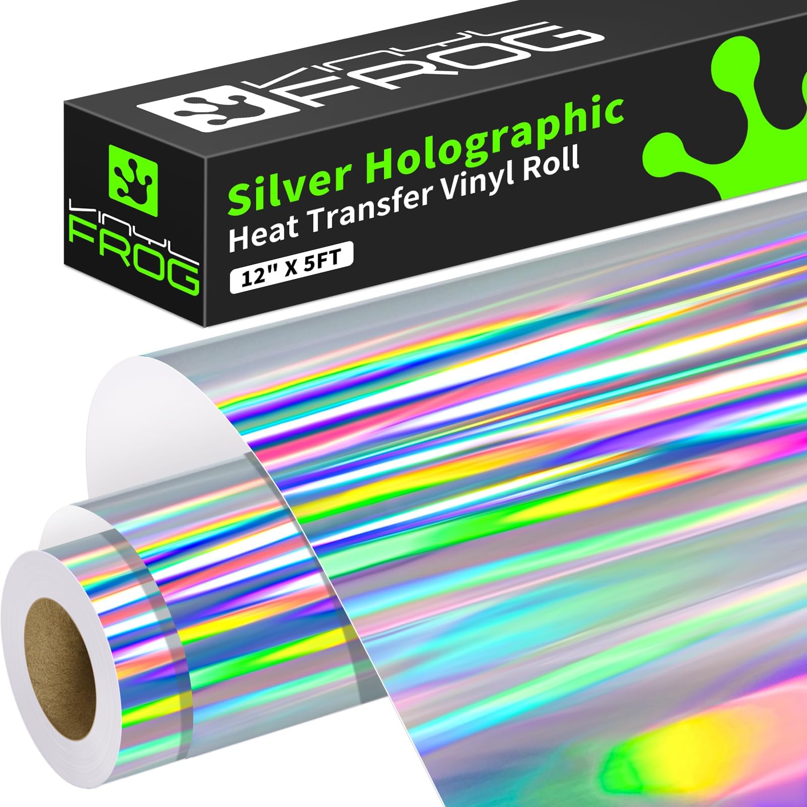 VINYL FROG HTV PU Metallic Holographic Silver Roll 30.5x155cm Iron on Vinyl Easy to Cut & Weed Heat Transfer Vinyl DIY Heat Press Design for T-Shirts