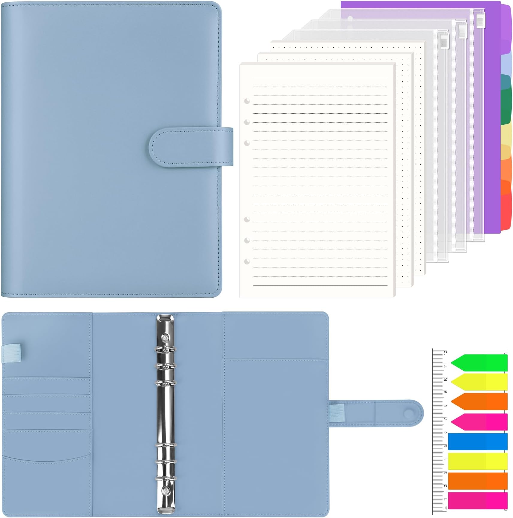 A5 Ring Binder 6 Ring PU Leather Refillable Notebook with 135PCS A5 Refill Papers, 3PCS Binder Pockets, 6PCS Index Dividers, Sticky Tabs, Planner Organizer for Travel Work School, Airy Blue