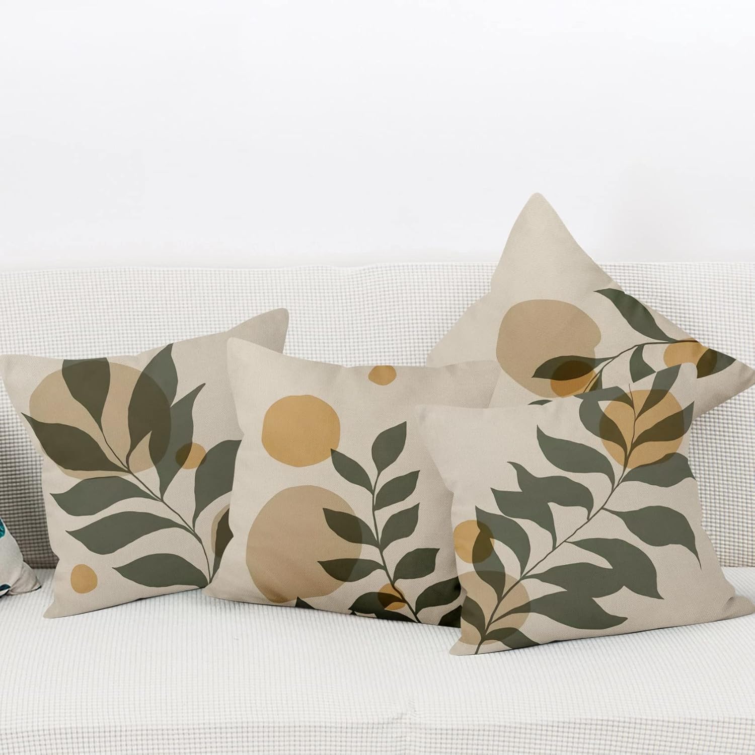 Yeele 18x18inches Abstract Leaves Geometry Throw Pillow Cover Boho Modern Decorative Pillow Case Set of 4 Linen Fabric Square Cushion Case for Sofa Couch Bed Car Outdoor Indoor Home Decorations