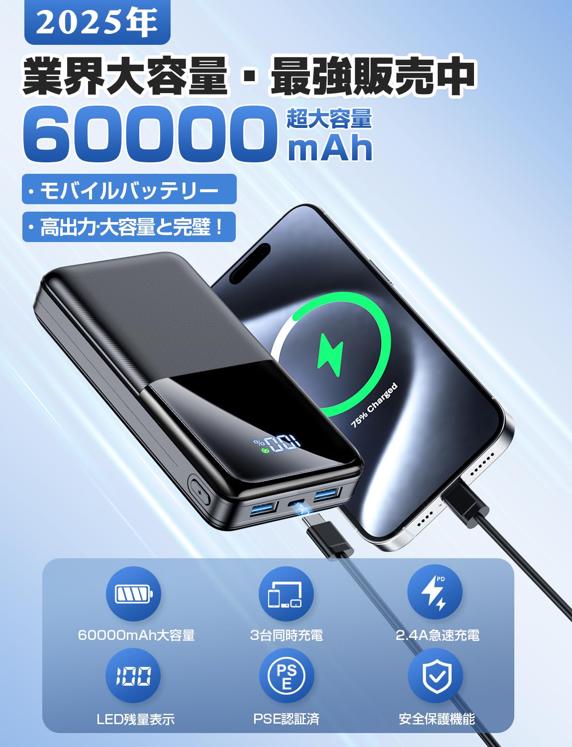 Amazon | モバイルバッテリー 【60000mAh大容量 & 3台同時充電