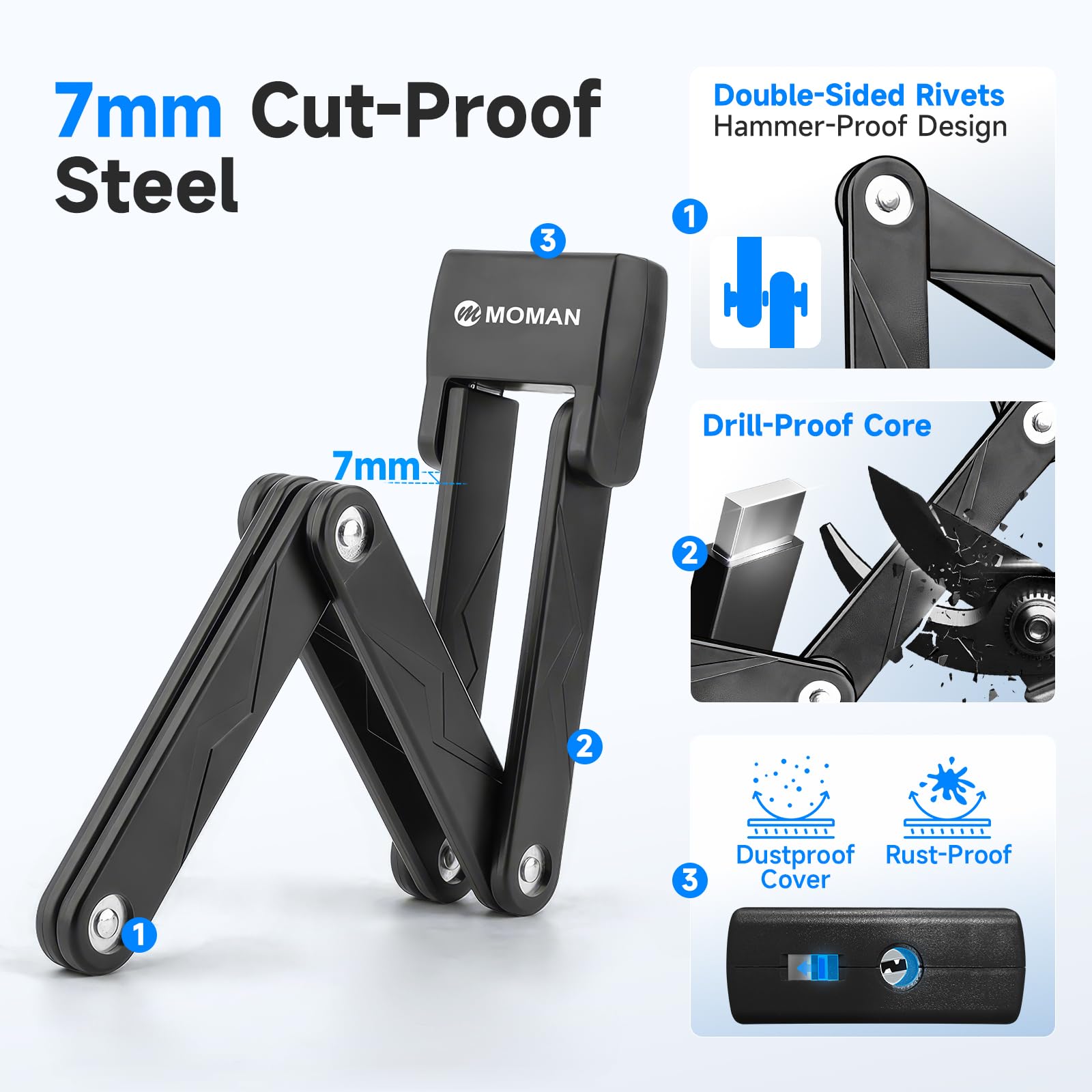 Lucchetto Pieghevole per Bici, Moman Antifurto Pieghevole Portatile Lucchetto per Bicicletta 80cm Alta Sicurezza Acciaio Temprato con Supporto & 2Chiavi di Sicurezza per Bici Moto E-Scooter, Grigio