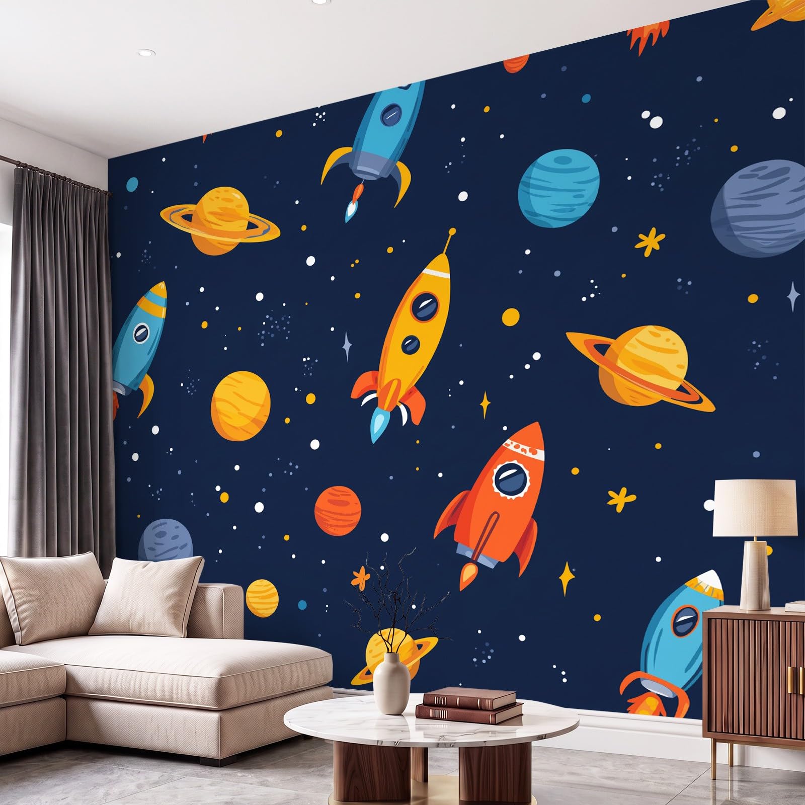 Générique Tapeta z kreskówek przestrzeń zabawa panoramiczna tapeta 350 x 256 cm do salonu dekoracja pokoju dziecięcego rakieta planeta