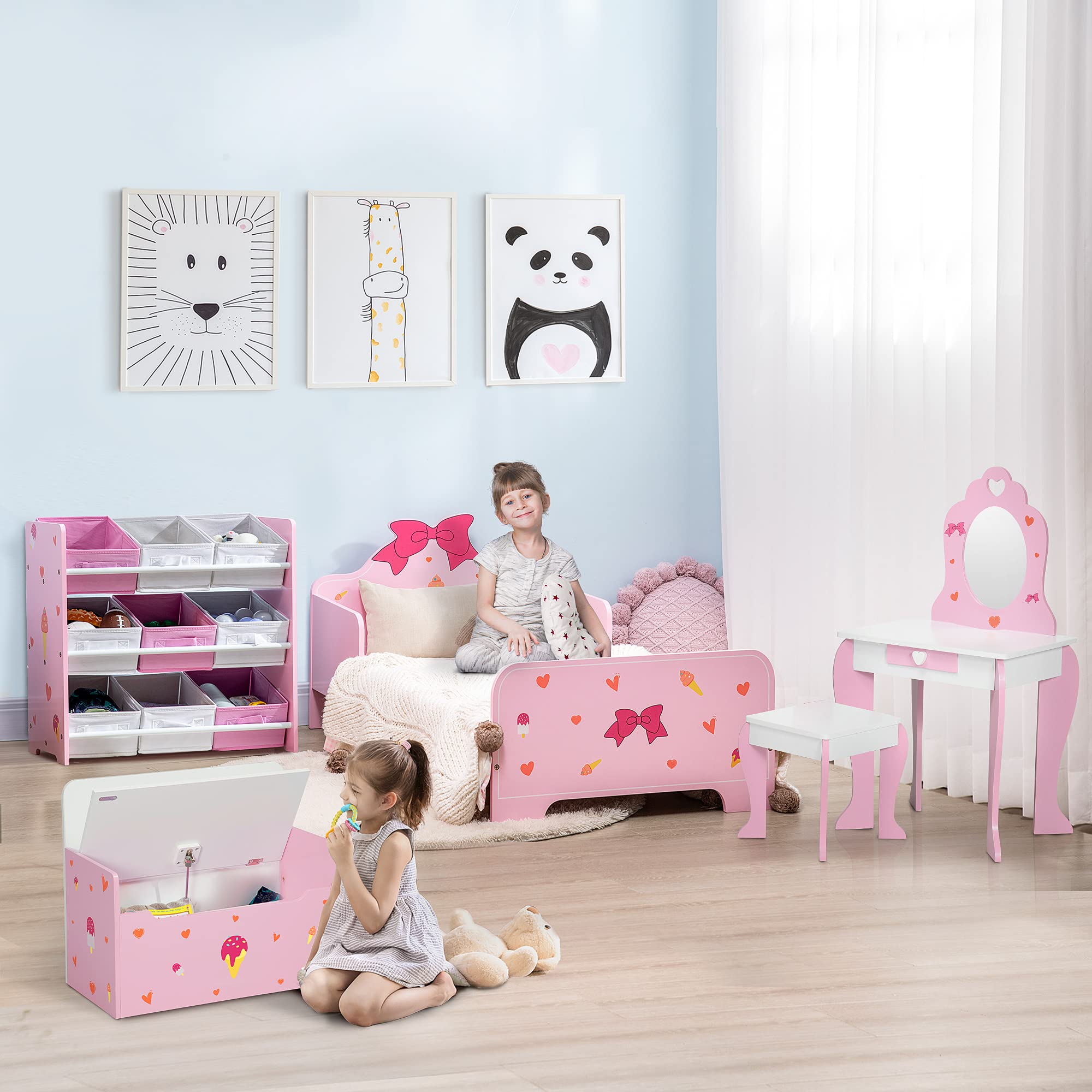 ZONEKIZ Coiffeuse Enfant de 3 à 6 Ans Table de Maquillage avec Tabouret Miroir et tiroir 50 x 36,5 x 89,5 cm Rose