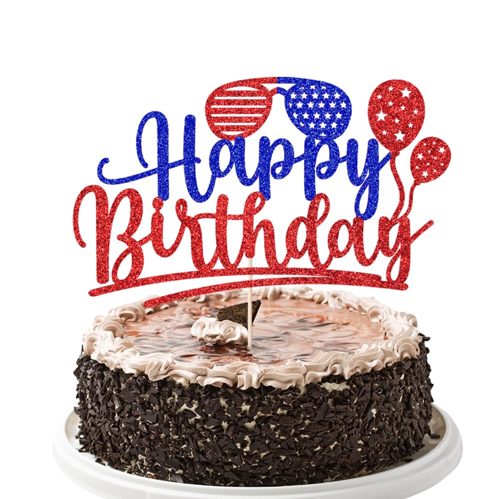 YUINYO Happy Birthday Cake Topper, Patriotic 4th of July Cake Decor, America Independence Day Theme Birthday Party Decorations Supplies USA Memorial