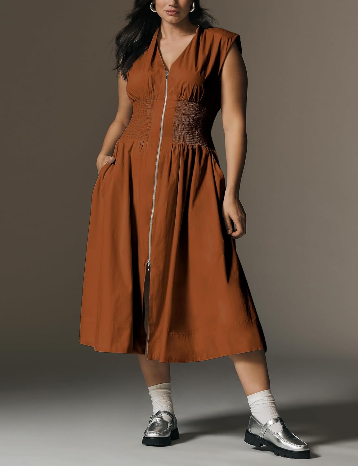 Women Sleeveless Midi Dress Summer Casual V Neck Zip Front Smocked Shirt Dress with Pockets - Image 4