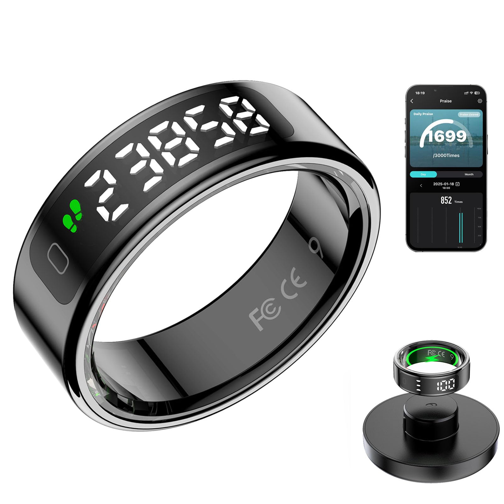 R12 Smart Ring Smart Ring R12 with Touch Screen and Wireless Charging Smart Health Ring for Women Men