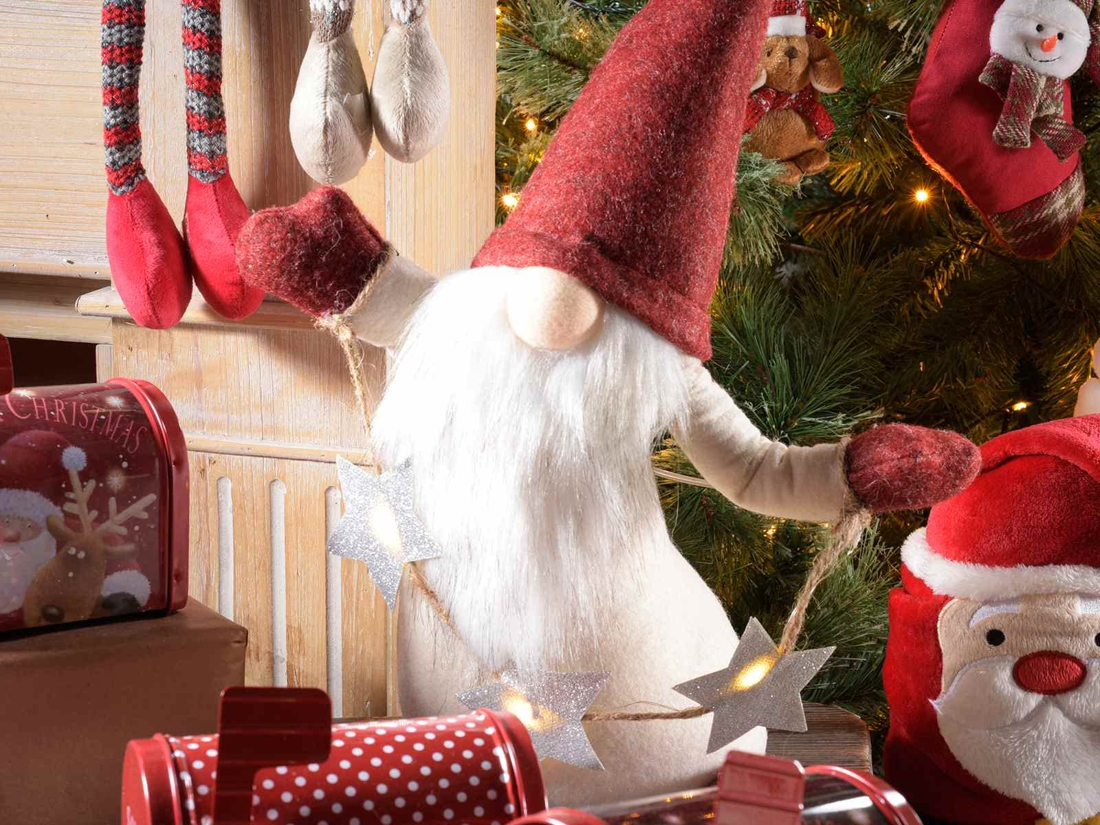 Gruppo Maruccia - Babbo Natale in Stoffa e Pelliccia con Stringa di Stelle Luminose - Decorazione Natalizia per Casa, Negozi e Vetrine - Idea Regalo