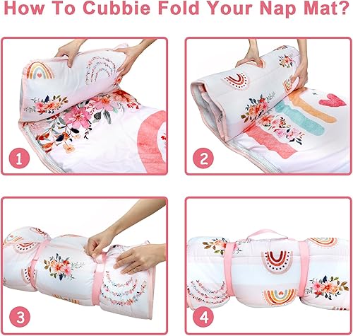 Miniatura 7 de Tapete para siesta para niños pequeños con almohada extraíble y manta suave de lunares Minky, tapete para siesta con estampado floral de arcoíris
