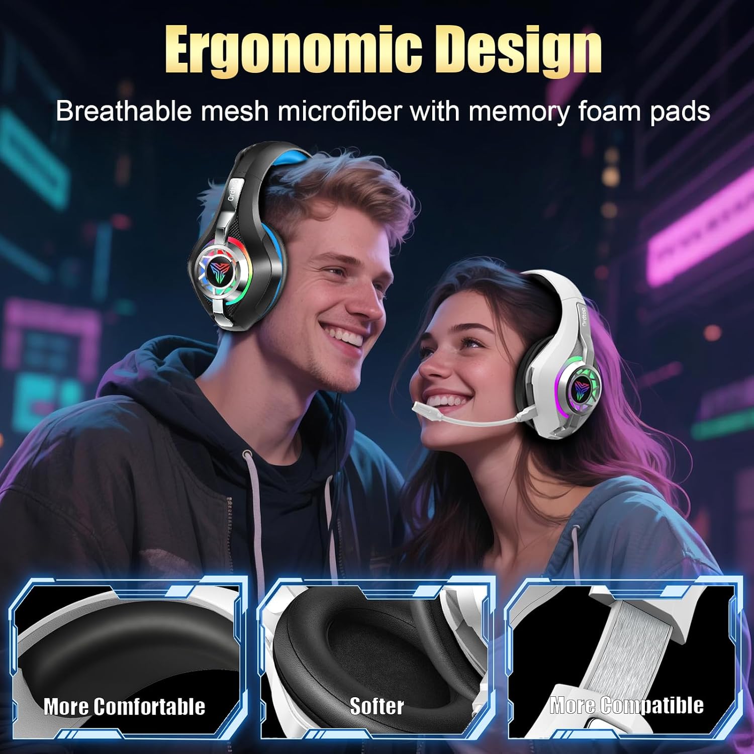 2.4GHz Wireless Gaming Headsets for PS5/PS4/PC/Switch/Xbox, RGB Noise Cancelling Over-Ear Headphones with 7.1 Surround Sound, 40mm Drivers, 276g Ultraligero, Memory Foam, 45H Gaming Headphones White