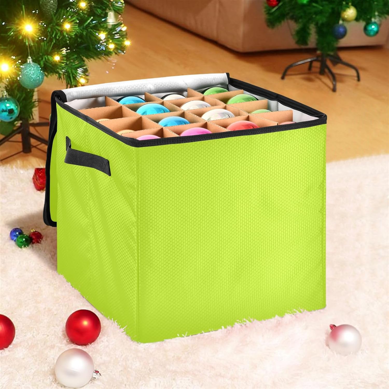 Yellowish Green Solid Color 13 Inch Christmas Ornament Storage Box with Lid - Holiday Decor Storage Containers, Stores 64 Ornaments, 3 Inch Cube Compartments