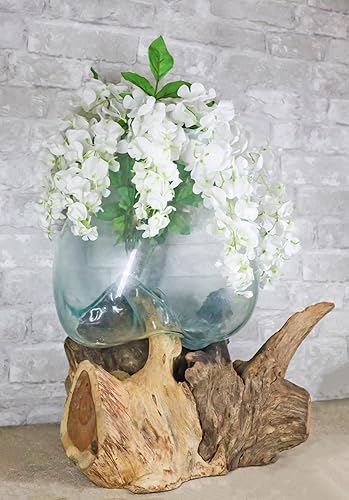 Miniatura 8 de Ebros Gift Madera flotante balinesa de madera de teca natural hecha a mano con vidrio fundido soplado a mano, cuenco decorativo grande de 14