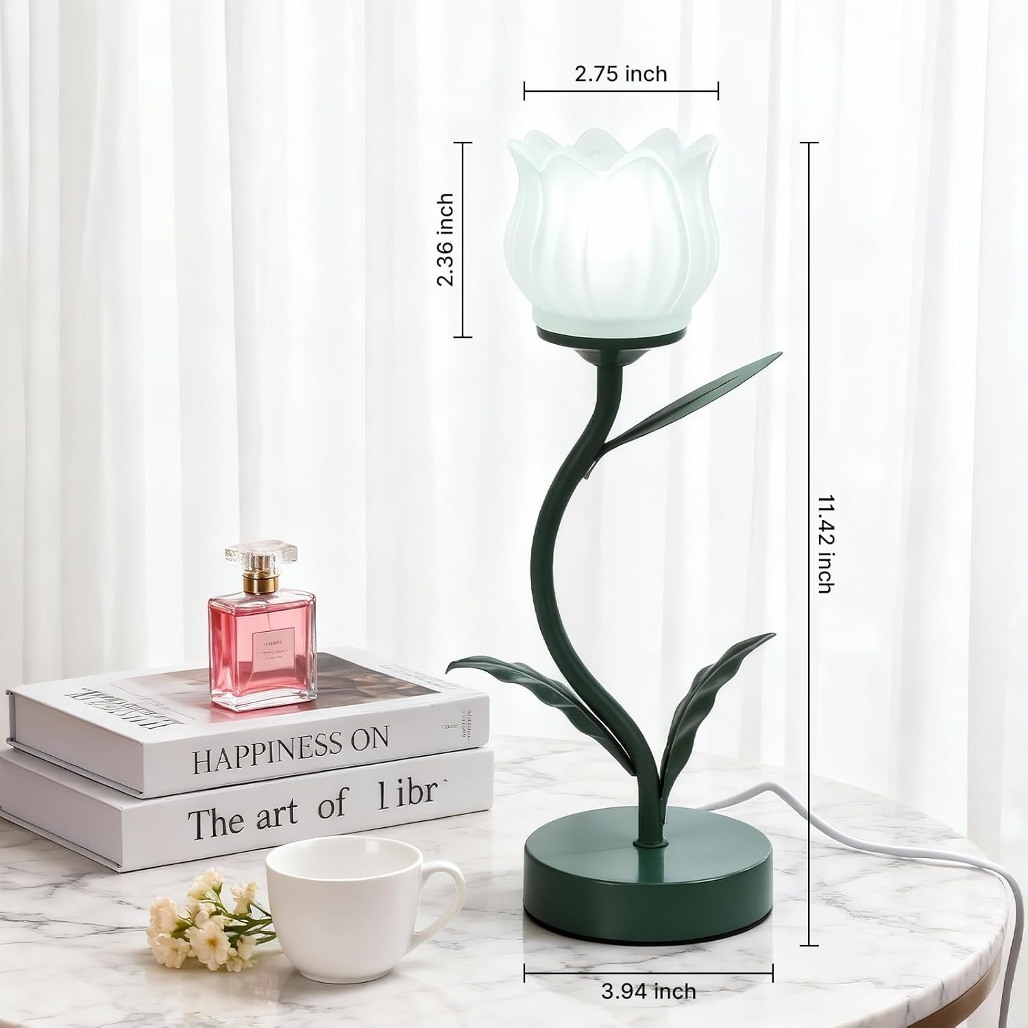 Flower-shaped table lamp, LED eye-protecting reading bedside retro night light, 3 color modes of cute bedside lamp decoration, living room and bedroom lighting table lamp home decoration (dark green)