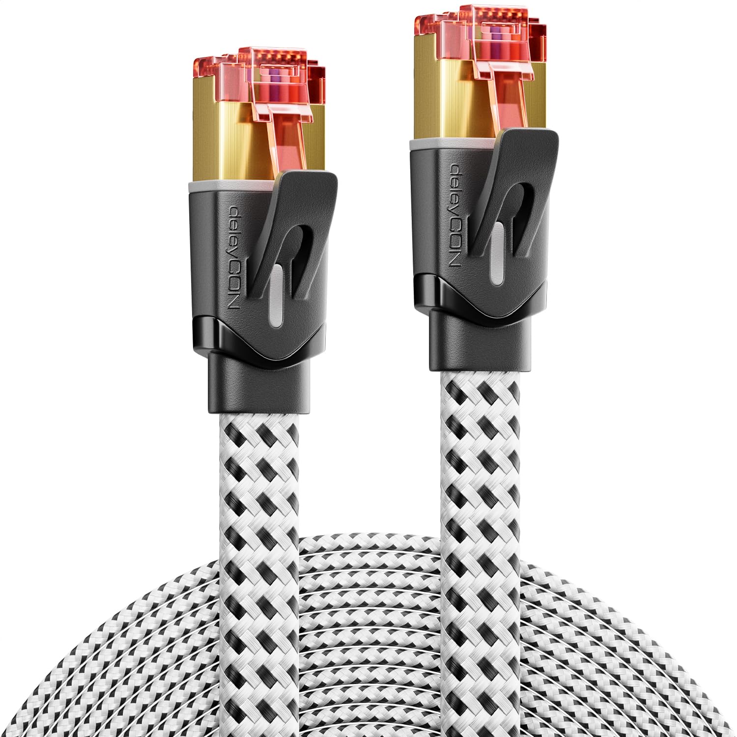 deleyCON Cat7 Netzwerkkabel Flach Nylon – 2m, 10 Gbit/s, RJ45 Stecker, Weiß