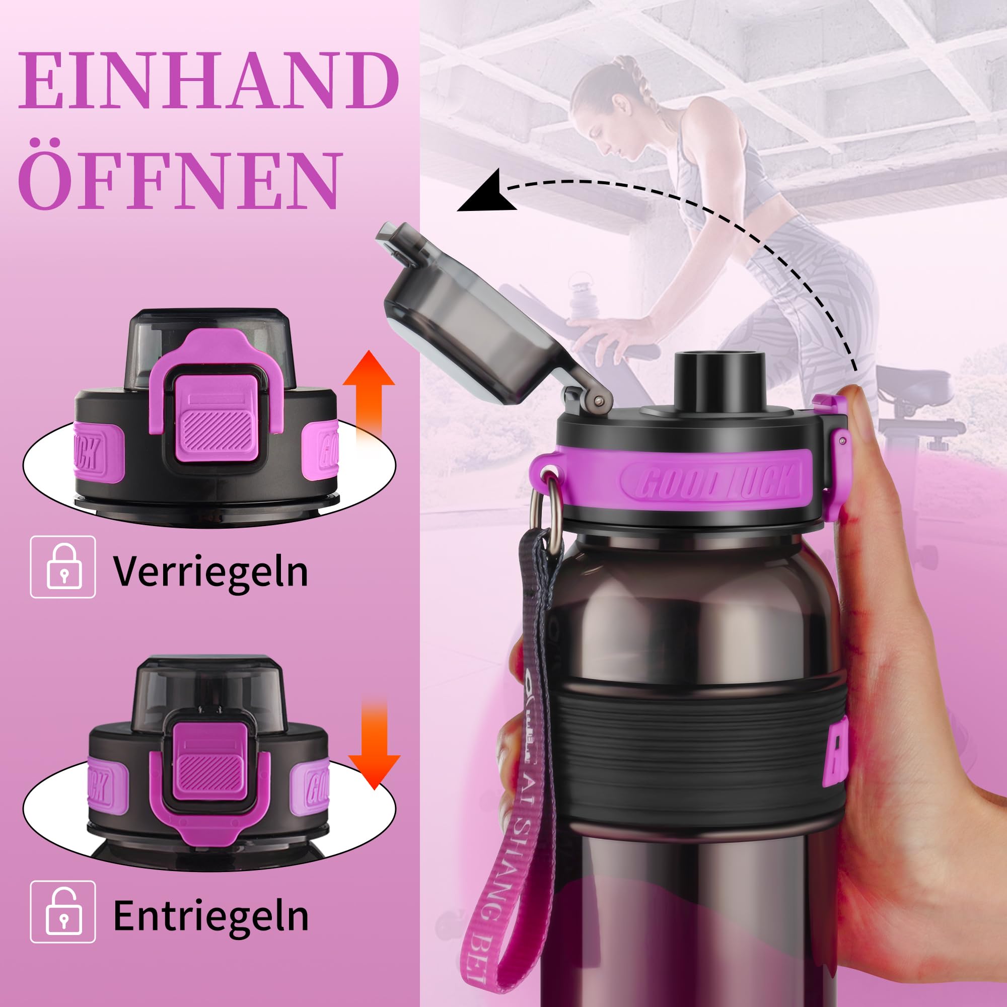 YC Kitchen Borraccia Sportiva Motivazionale 1L - Borraccia 1 litro, Bottiglia d'acqua Sportiva con paglia e trasporto cinghia