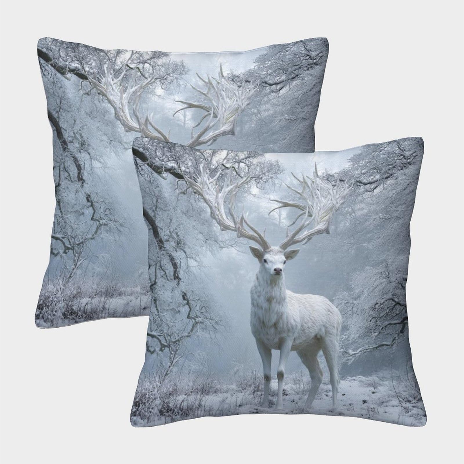 kaiyun 2 Pack 50x50cm Pillow Cases,White Deer, Winter Forest Scene Decorative 3D Printed Cushion Cover,sofa Bed Decorative Cushions