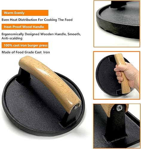 Miniatura 3 de NSIRONS Prensa de hamburguesas, 8 x 4 rectangular de hierro fundido resistente para tocino, carne con mango de madera para plancha, sándwich,