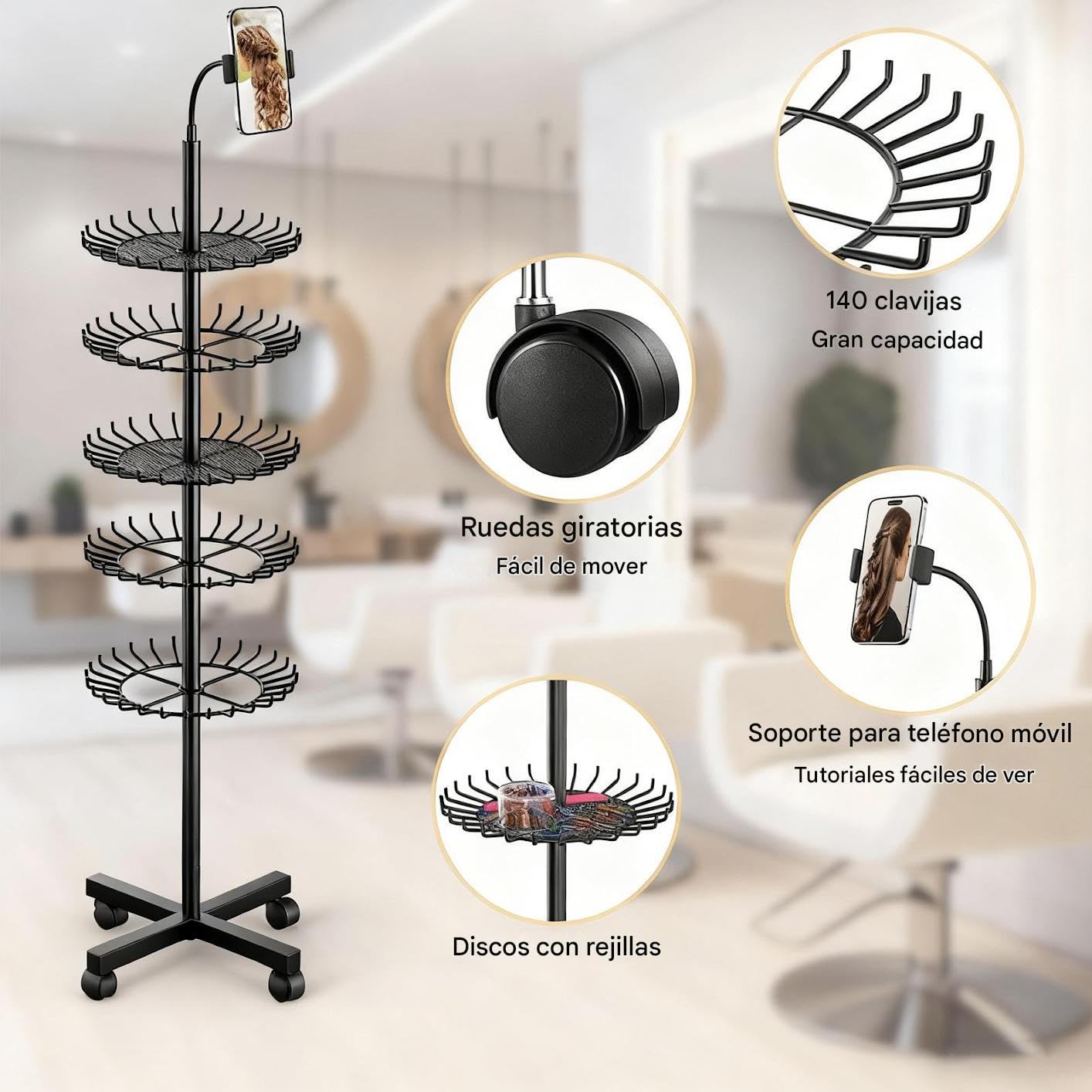 Estante para Trenzas Organizador de Almacenamiento con Altura Ajustable | Soporte para Extensiones de Cabello Para Salón, Servicio , Extensiones, Estilismo Móvil y Entrenamiento de