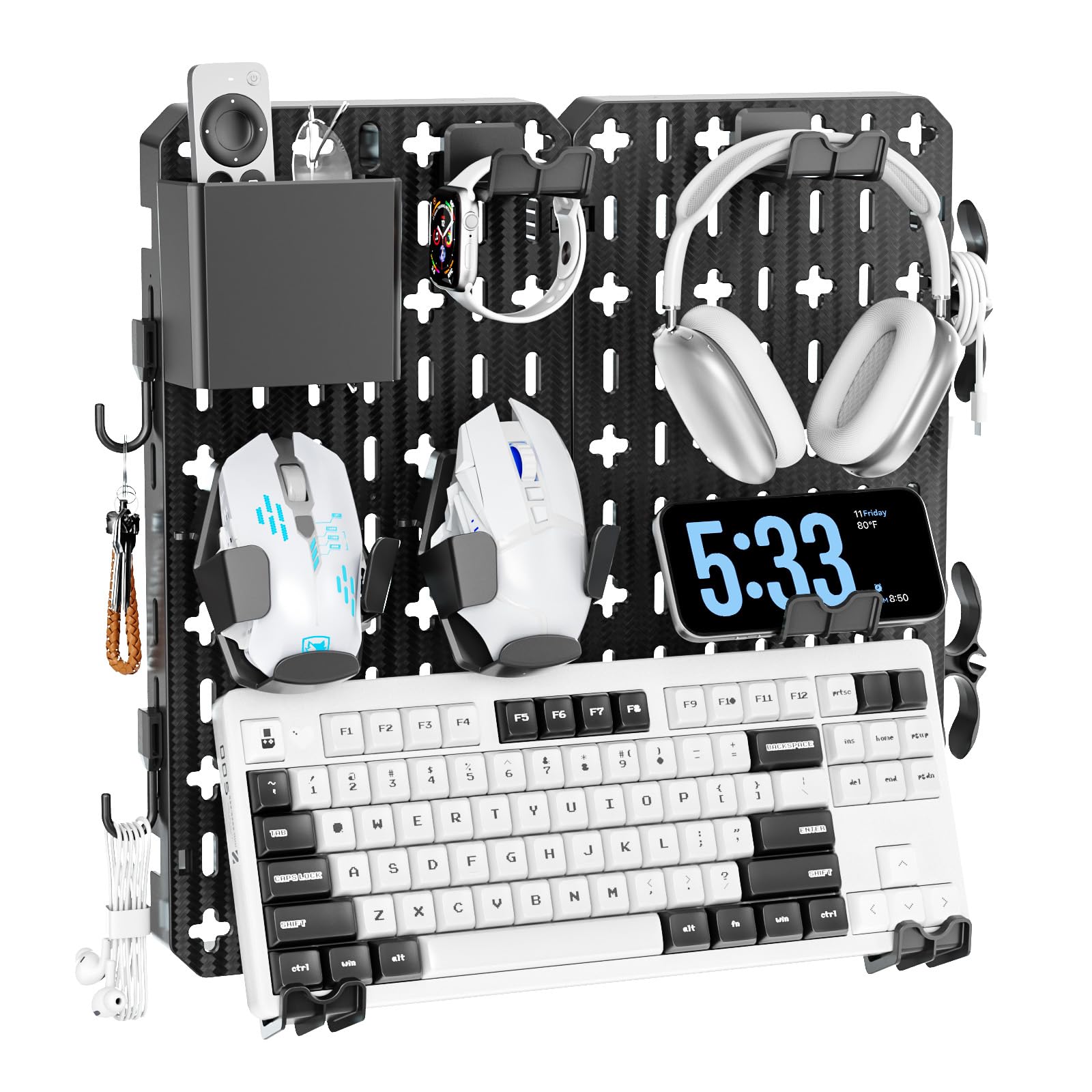 KDD Pegboard Combination Kit, Wall Mount Organization Peg Board with Mouse & Keyboard Holder, Pen Holder, Hooks, Headset & Controller Stand - Modular