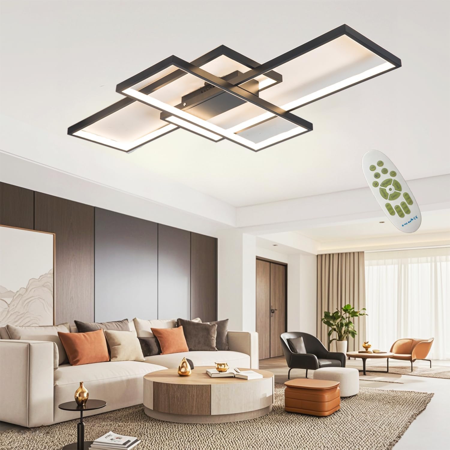 Moderne LED Deckenleuchte Dimmbar LED Deckenlampe Wohnzimmer, 2700k-7000k Wohnzimmerlampe mit Fernbedienung, Geometrisch Multifunktional Deckenbeleuchtung schwarz für Wohnzimmer, schwarz,L80cm