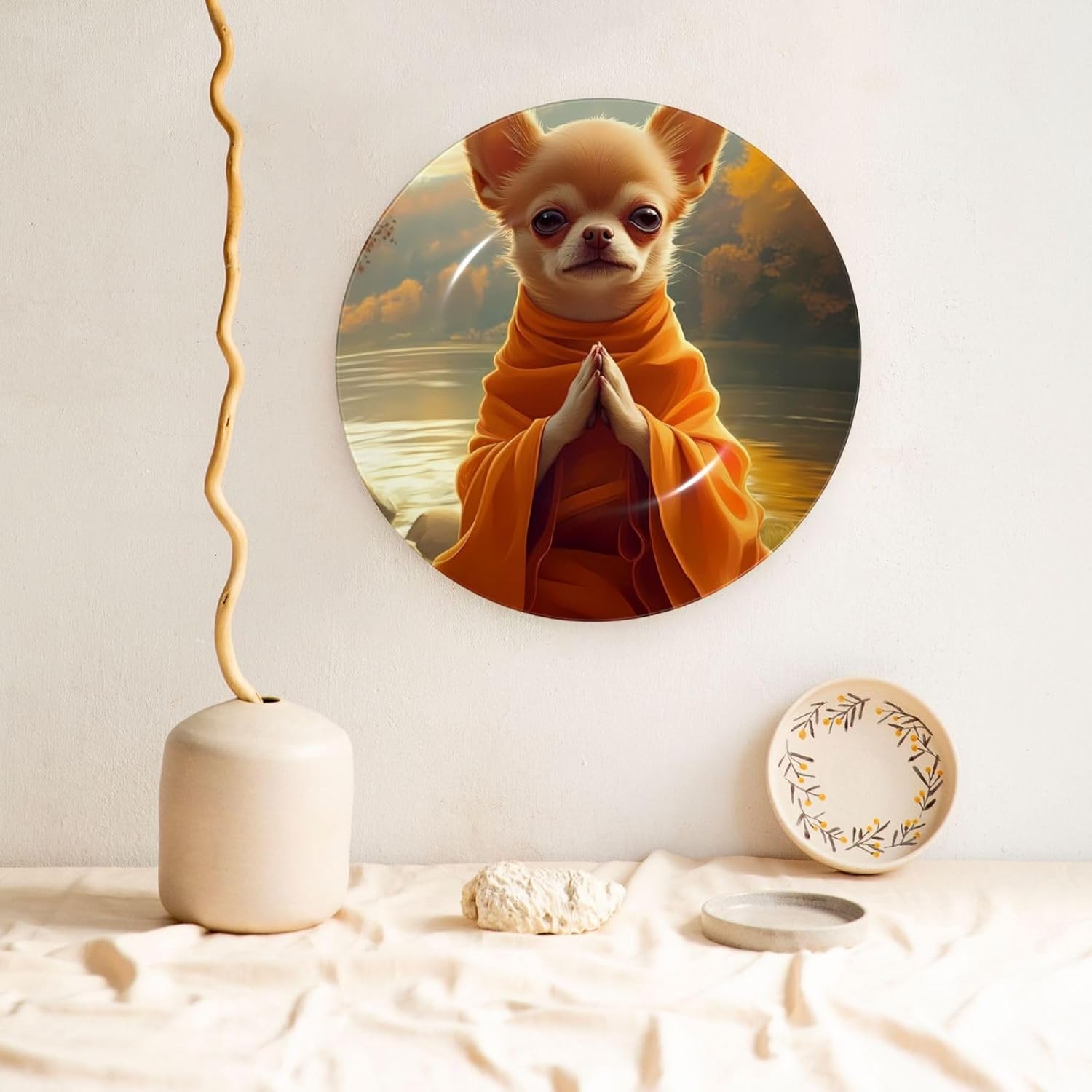 Maple Leaf Meditating Chihuahua Style Ceramic Plate Display Home Display With Stand Wall Hanging Plate For Home Decor 10 Inch