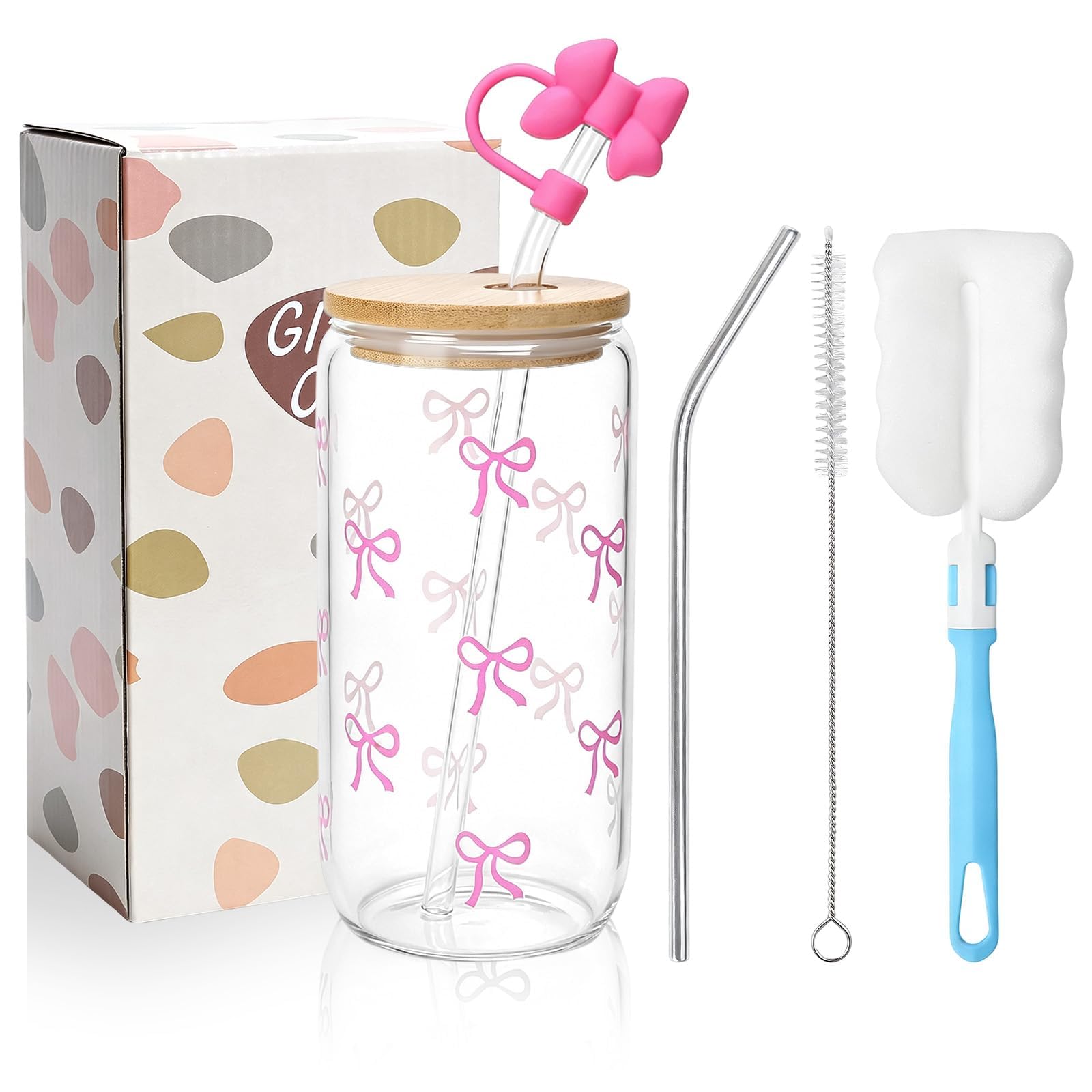 COEWUR Iced Coffee Cup 16 Oz Bow Glass Cups with Lids and Straws — image 1