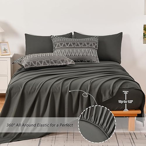 Miniatura 5 de WONGS BEDDING Juego de edredón bohemio de 7 piezas tamaño King, color negro y gris, a rayas, degradado, juego de ropa de cama en una bolsa, para