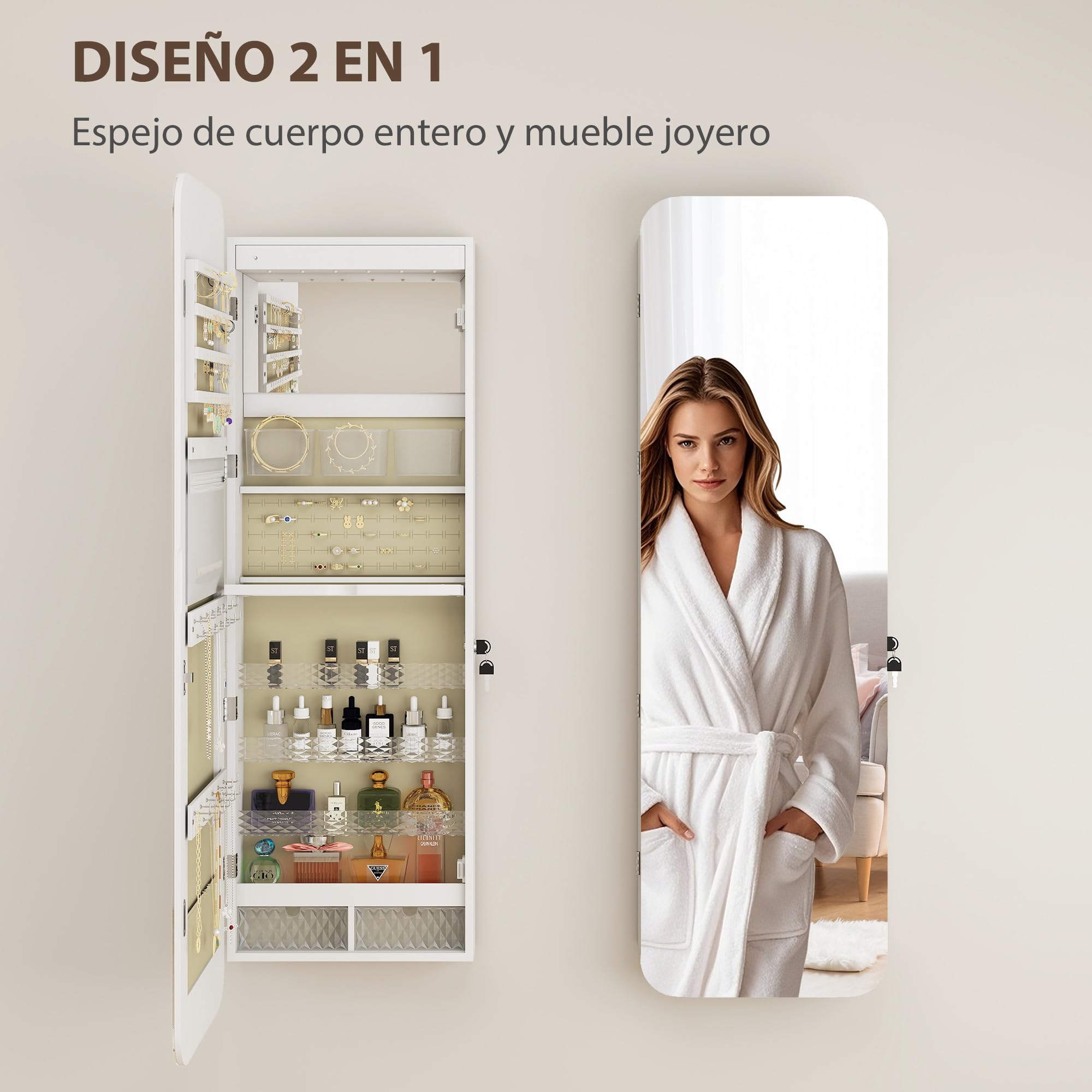 HOMCOM Espejo Joyero con Luz LED, Armario Joyero Montado en la Pared o en la Puerta, Armario para Joyas con Cerradura, Espejo Entero sin Marco, 2 Cajones, para Regalo, 37x10x120 cm, Blanco
