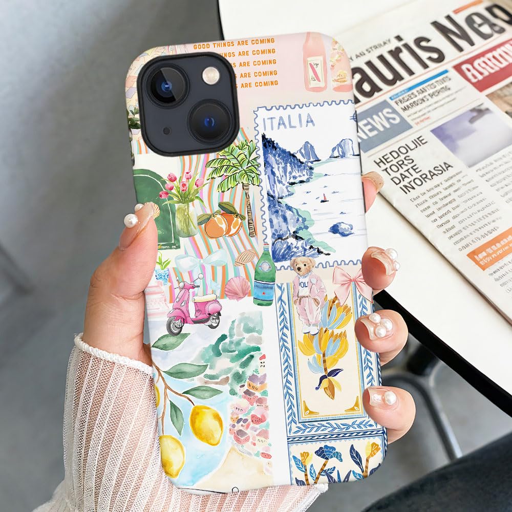 Coque pour iPhone 15, coque de téléphone avec collage de timbres côtiers italiens, coque de téléphone tendance en silicone givré, coque antichoc pour fille et femme