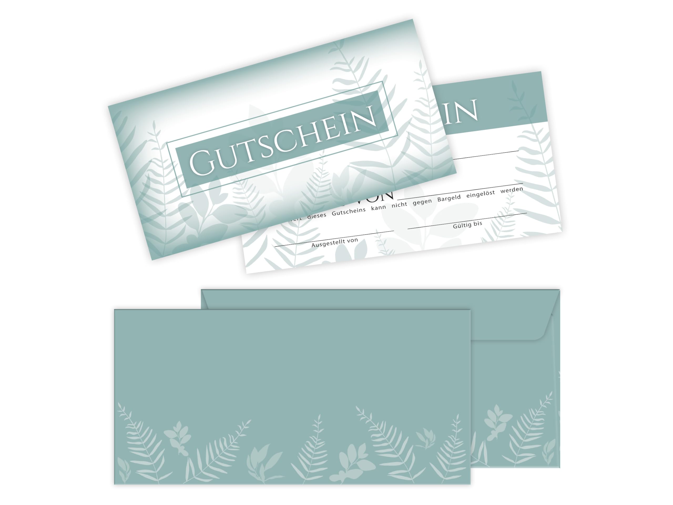 250 Gutscheine DIN lang (21x10,5 cm)+ 250 Kuverts DIN lang (22x11 cm) Natur Grün Eukalyptus Blättern Gutscheine zum Ausfüllen Gutschein Geschenk Karte für Massage Wellness Kosmetik Nagelstudio Beauty