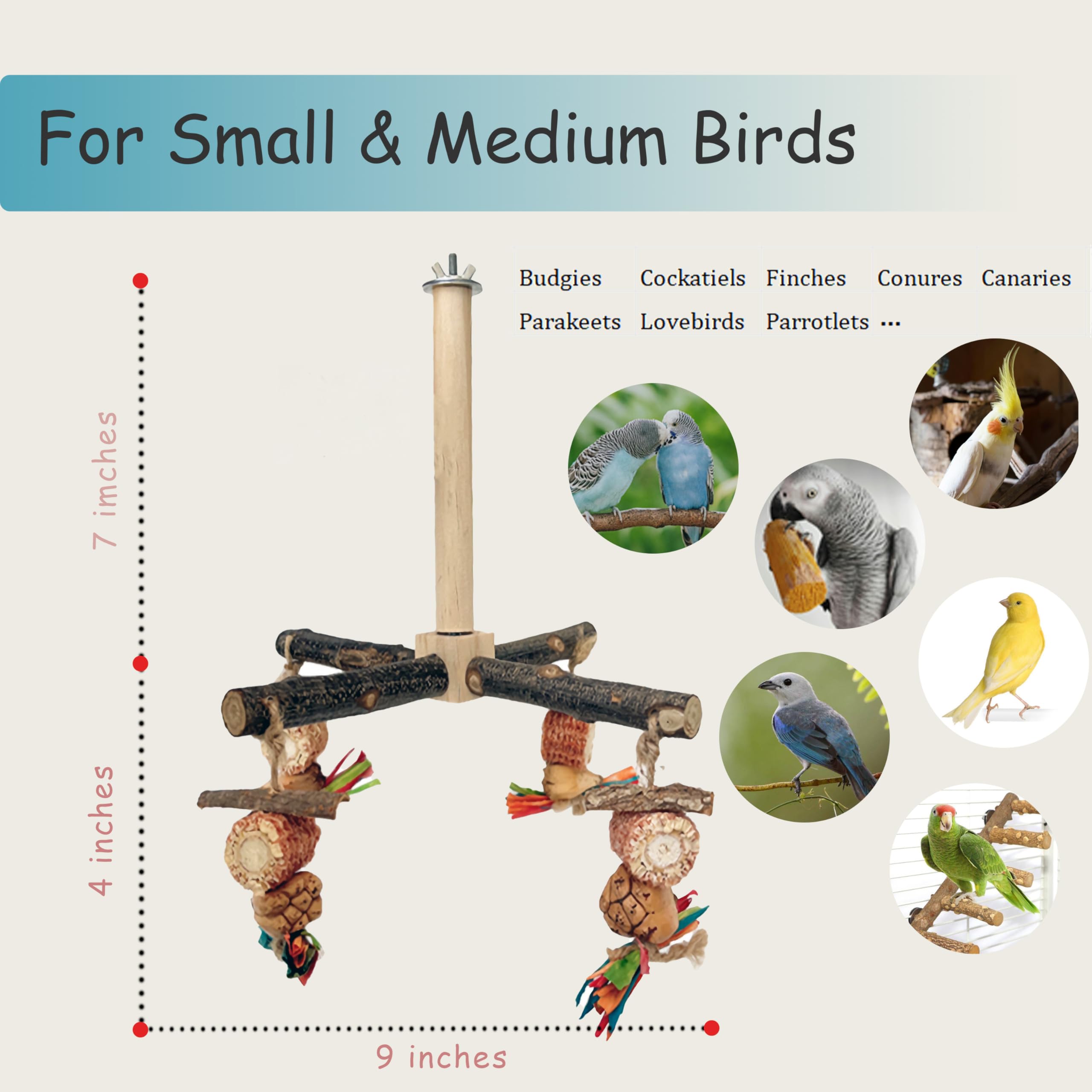 ROOJUNE 360° Rotating Bird Perch with Natural Chew Toys - Bird Toys Cage Accessories- Parrot Wooden Stand for Small and Medium Birds (Parakeets, Budgies, Cockatiels, Conures, Finches)