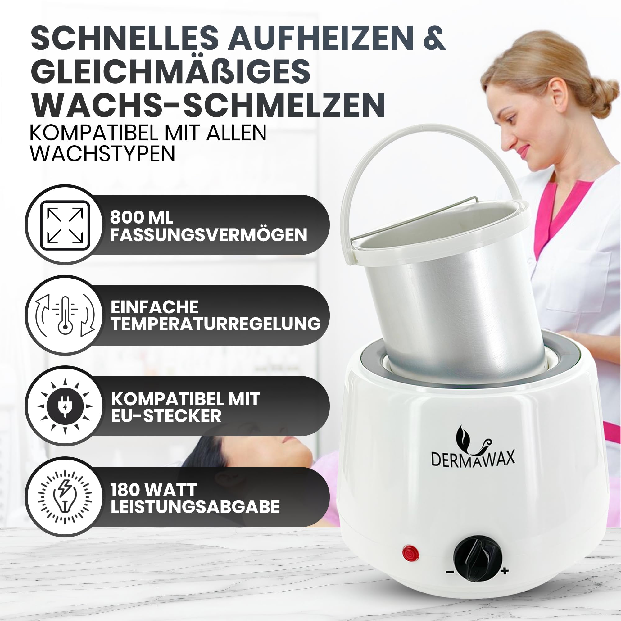 DERMAWAX Profi Wachswärmer 180 W mit Alubehälter – 800 ml