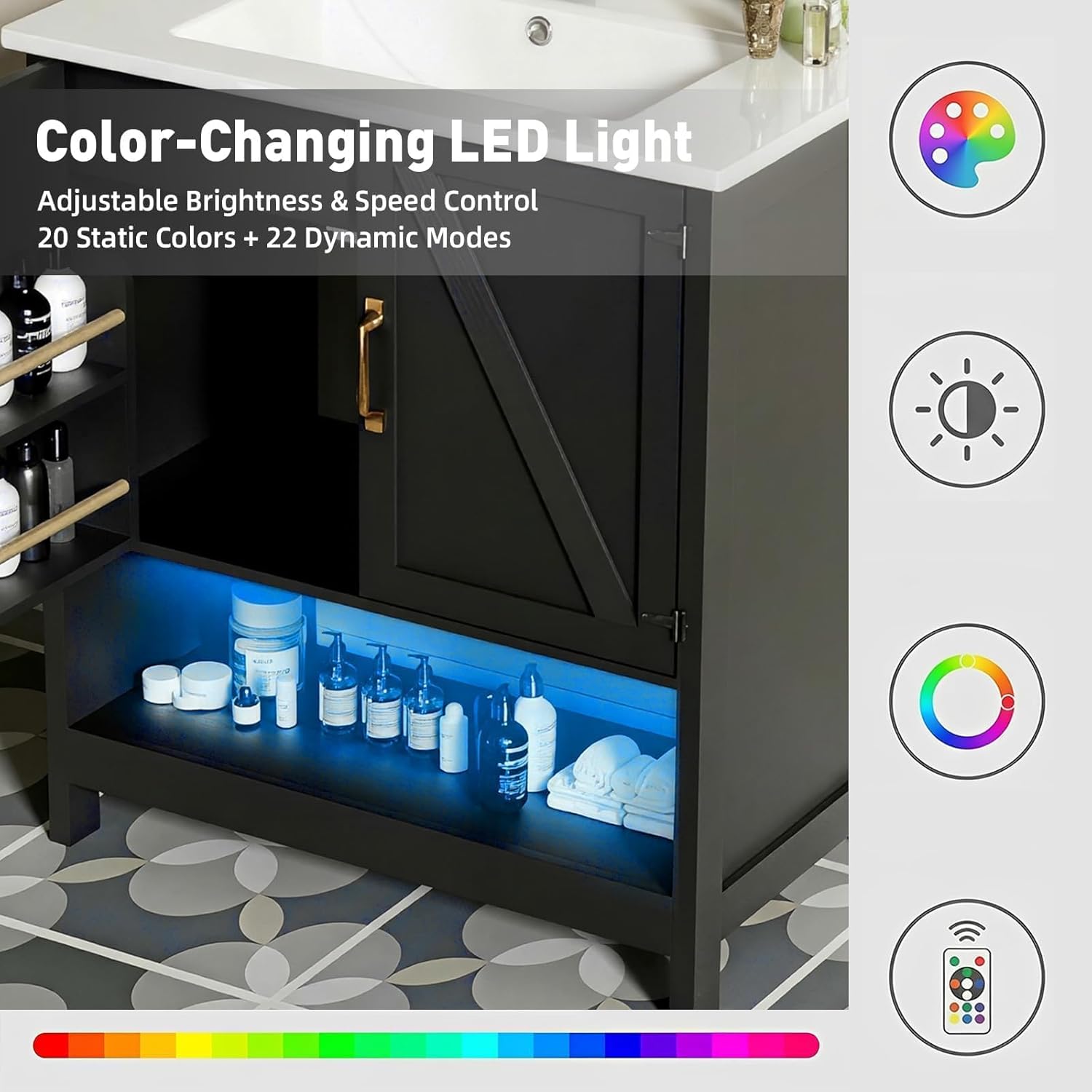 30" Bathroom Vanity with Sink, Black Freestanding Vanity for Small Bathrooms, Solid Metal Hinges, Door Organizer, RGB LED Light, Plumbing Clearance Shelf