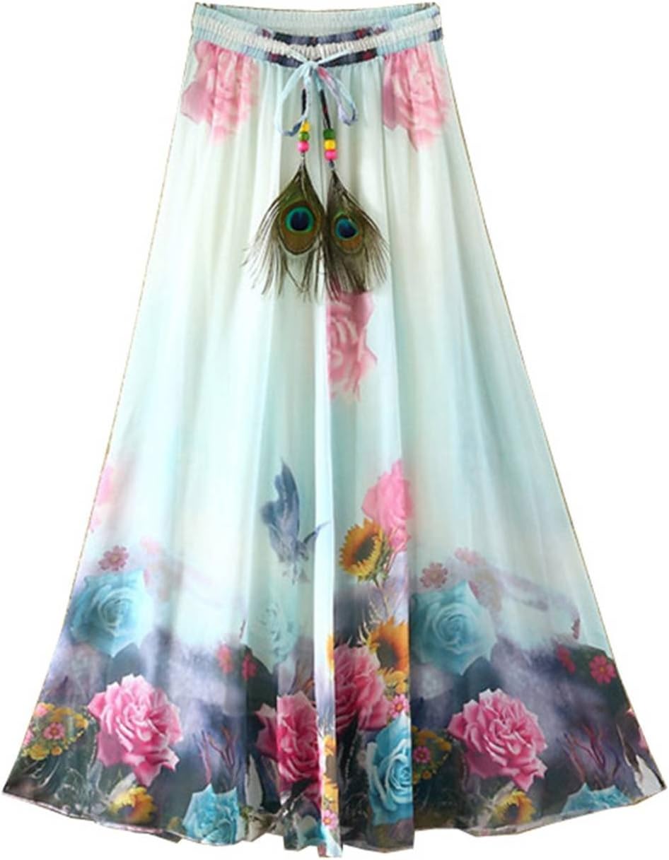 Women's Peacock Feather Boho Chinese Painting Beach Maxi Long Skirt (Sky Blue Butterfly)