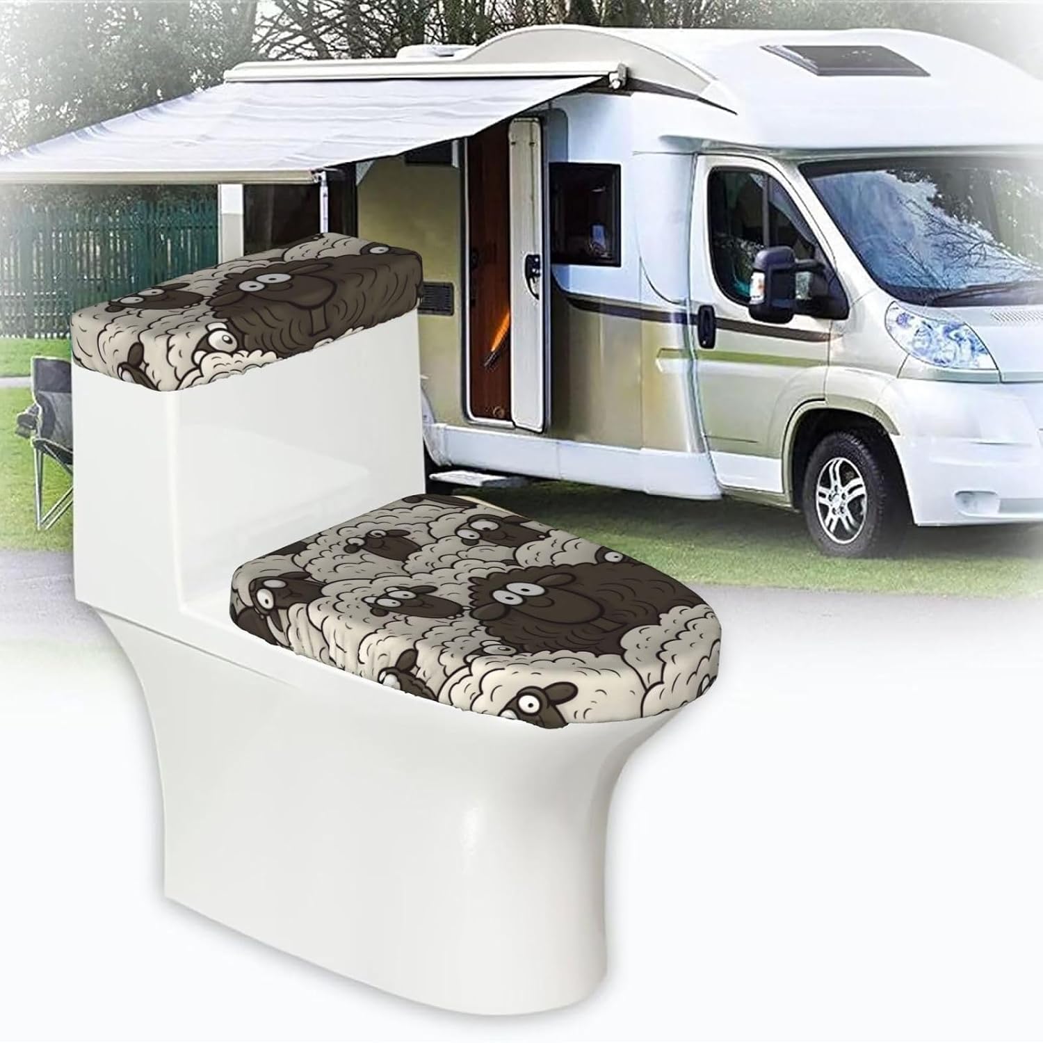 Cartoon Black White Sheep Toilet Tank Cover And Toilet Lid Cover Set Stretch Bathroom Toilet Lid Seat Cover