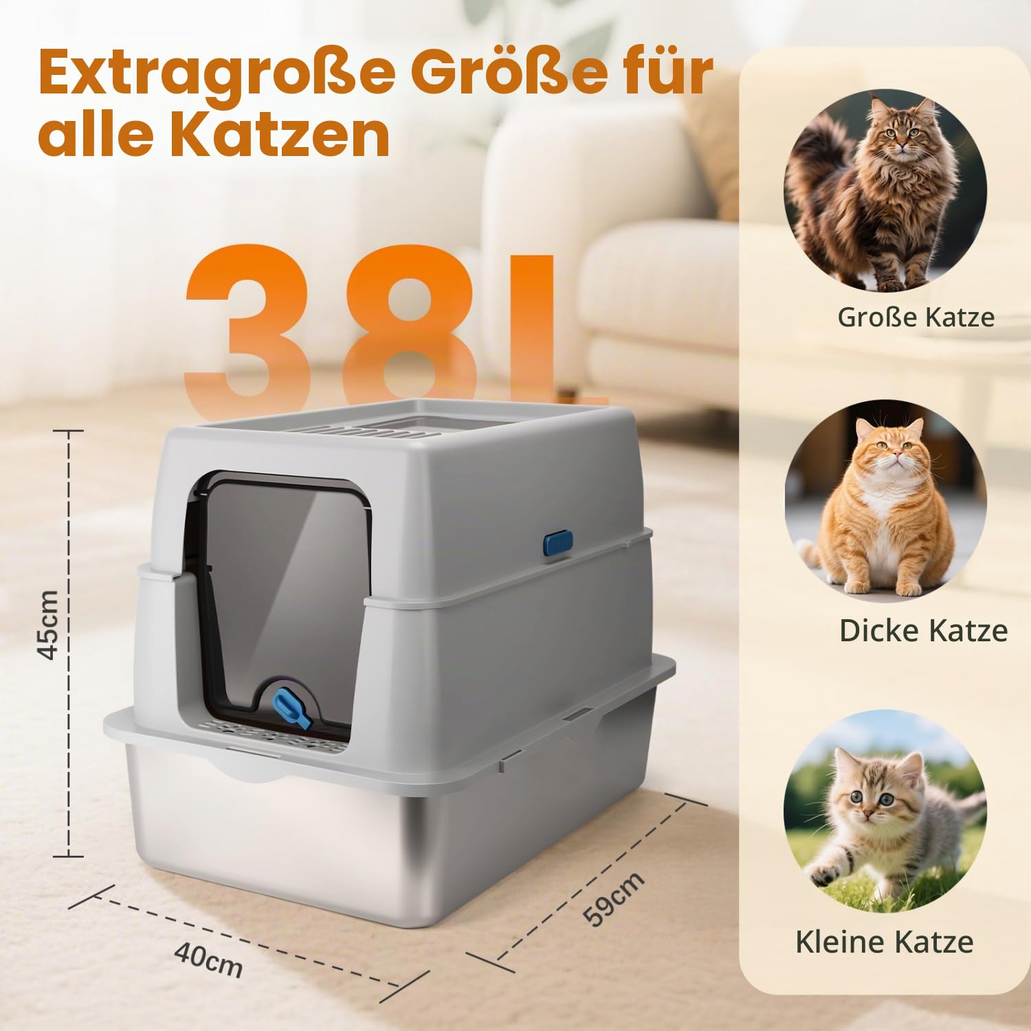 Nobleza Geschlossene Katzentoilette Edelstahl XXL mit Deckel – Rostfrei, Geruchsneutral & Einfache Reinigung für Große Katzen, mit Doppelschicht Matte + Schaufel