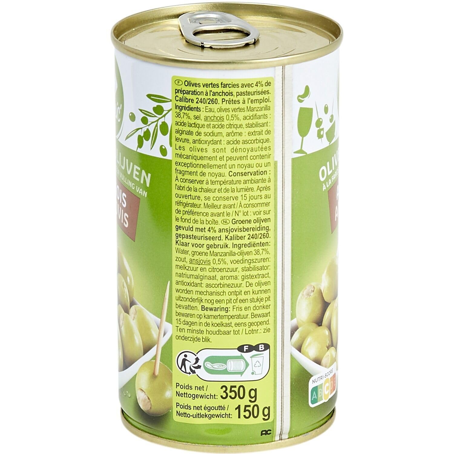 CARREFOUR CLASSIC' - Olives Vertes Manzanilla Farcies aux Anchois - Olives Pasteurisées - la boite de 150g net égoutté - 350g - Le Lot De 4