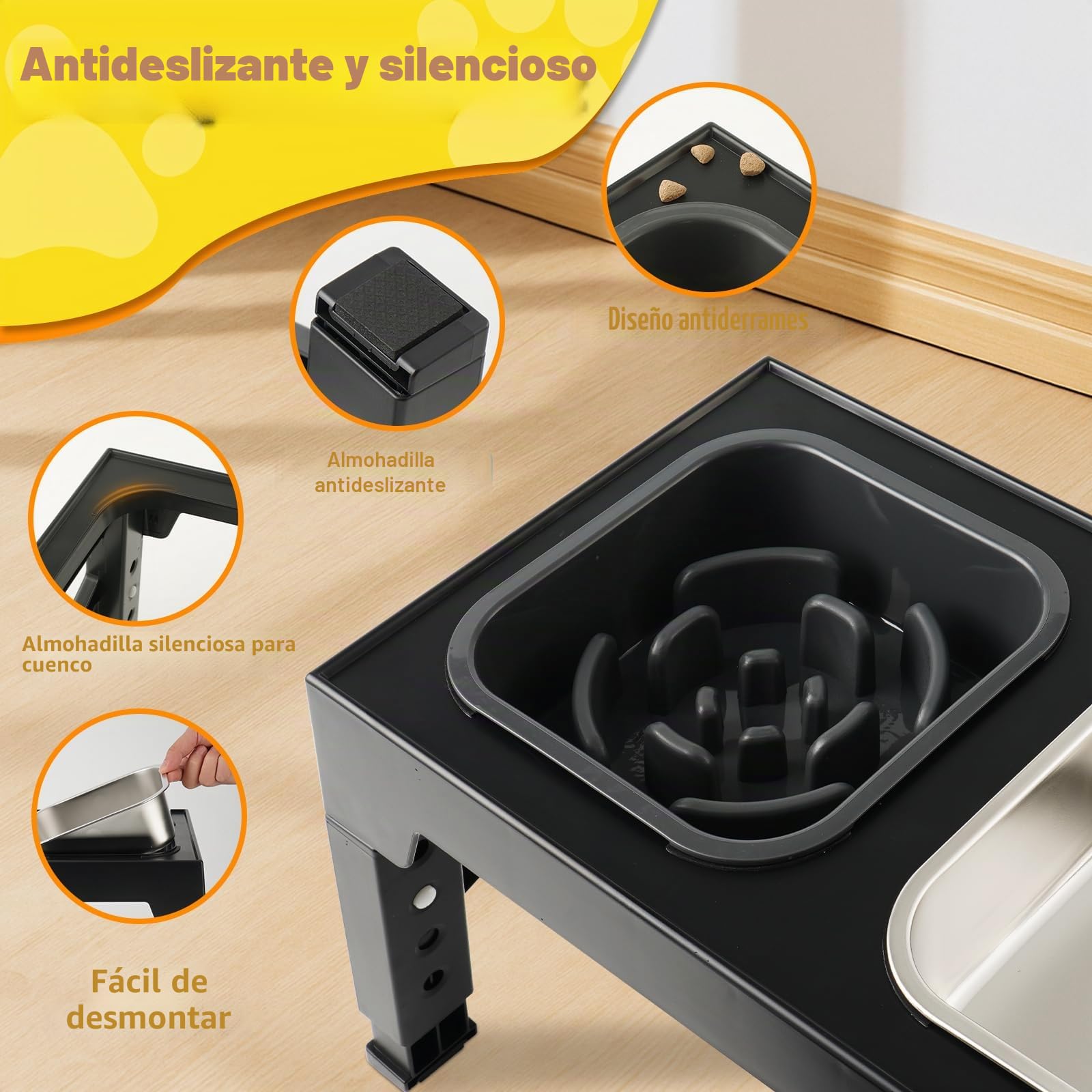 Comedero Perro Elevado y Ajustable - Acero Inoxidable 1400ml + Antiatragantamiento 1100ml + Viaje + Alfombrilla- Base Antideslizante para Perros Medianos/Grandes