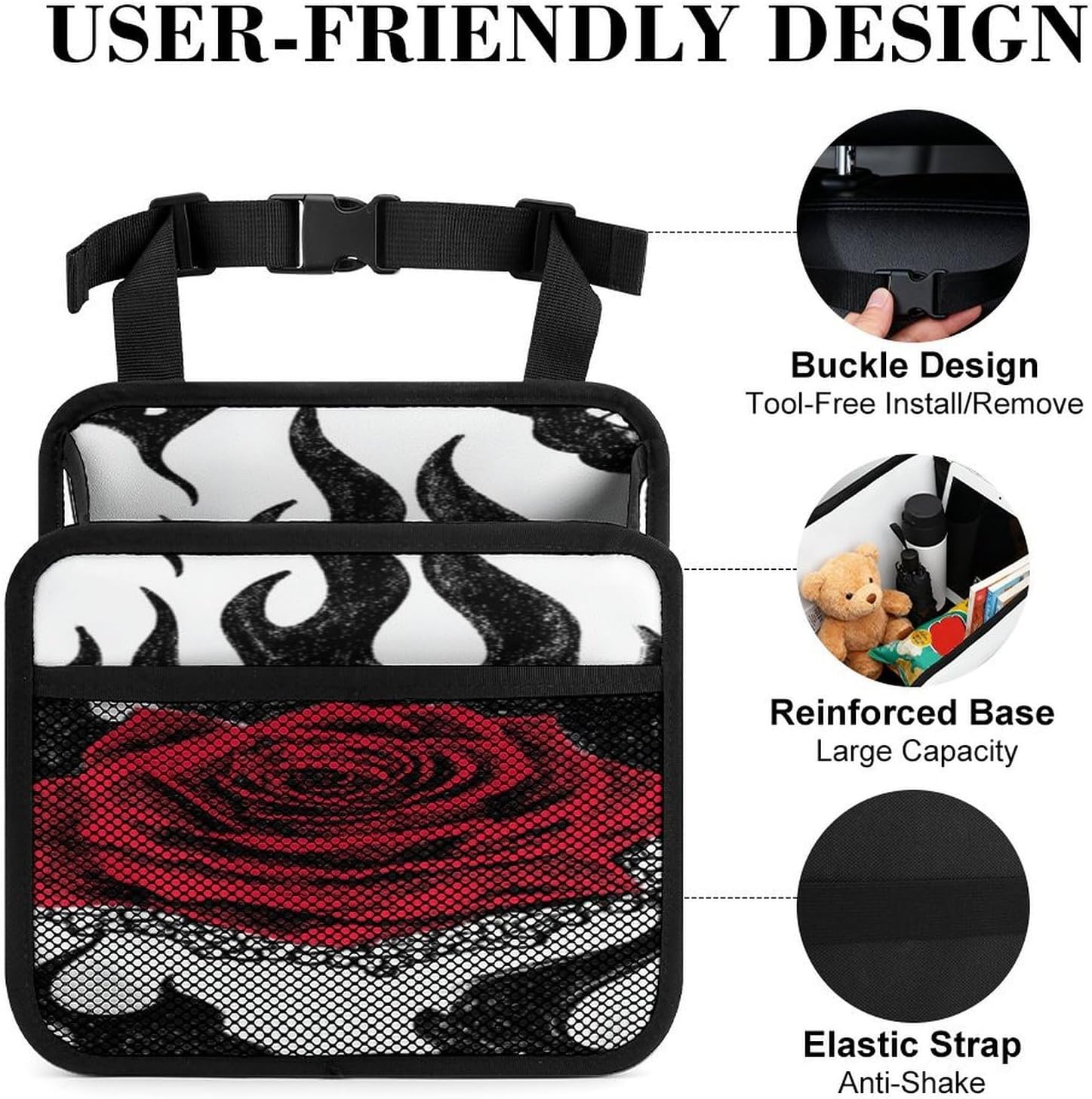 Rose, Lace, Flame PU Car Seat Storage Organizer, Large Capacity Hanging Car Storage Bag image 4