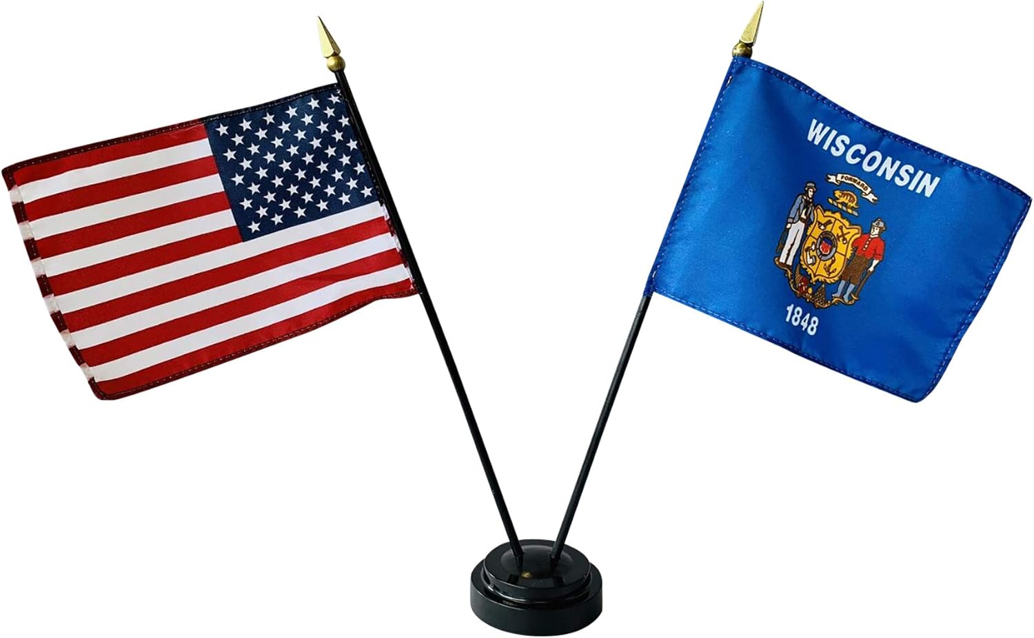Set of 3 4x6" E-Gloss Wisconsin Stick Flag w/U.S. Stick Flag & 2 Flag Plastic Table Base - Made in the USA