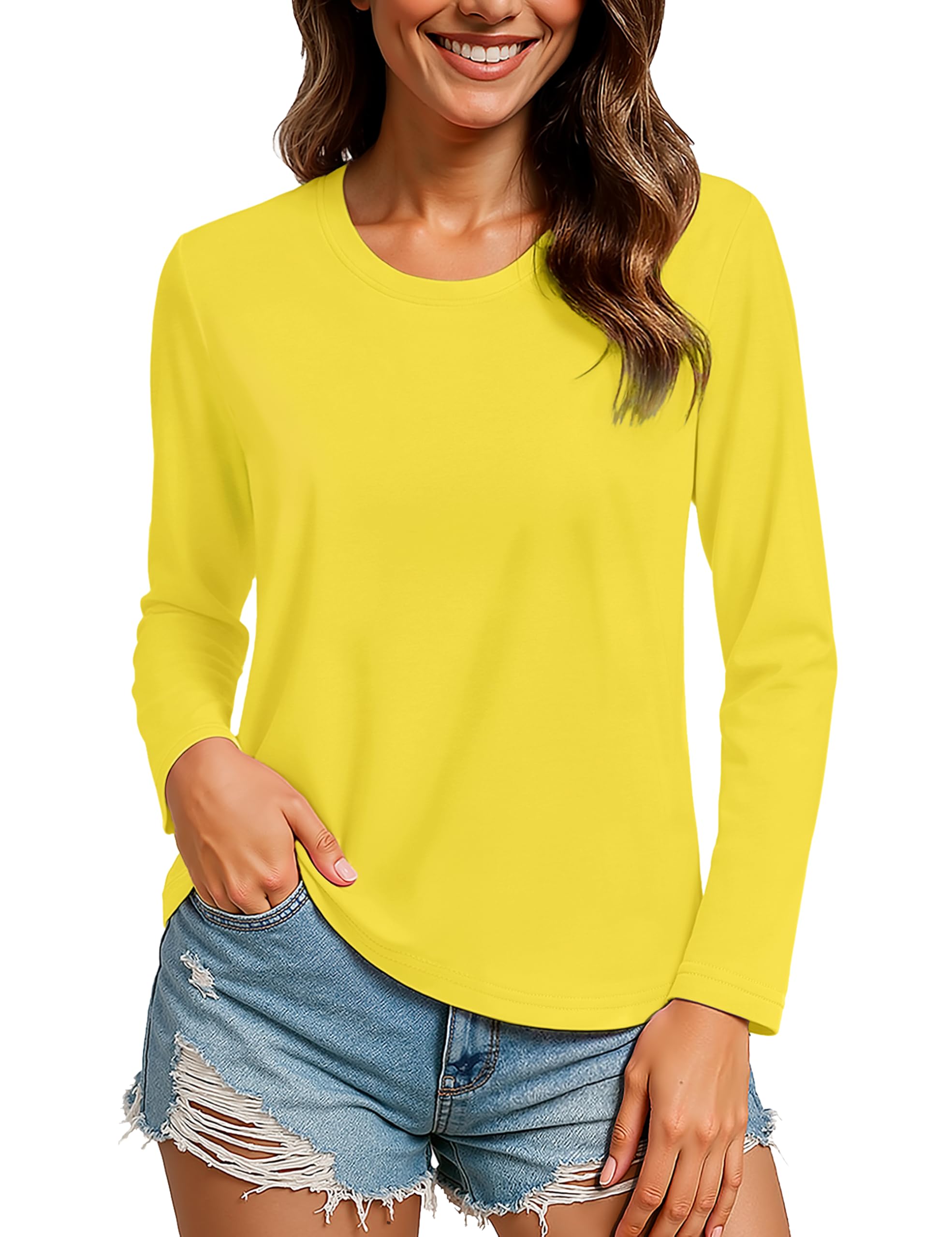 TACVASEN Langarmshirt Damen Baumwolle Freizeit Rundhals Oberteil Tshirt | Langarmshirt Rundhals Shirt, weich, atmungsaktiv, Regular Fit