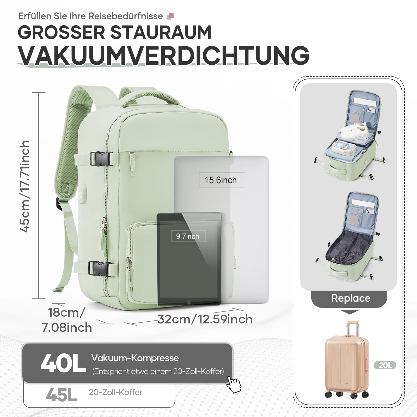 wassdins Zaino Ryanair 40x20x25 Sottovuoto con Pompa, Zaino da Viaggio Aereo Bagaglio a Mano, Tasca Antifurto, 40 Litri Grande Easyjet Airbag Donna & Uomo