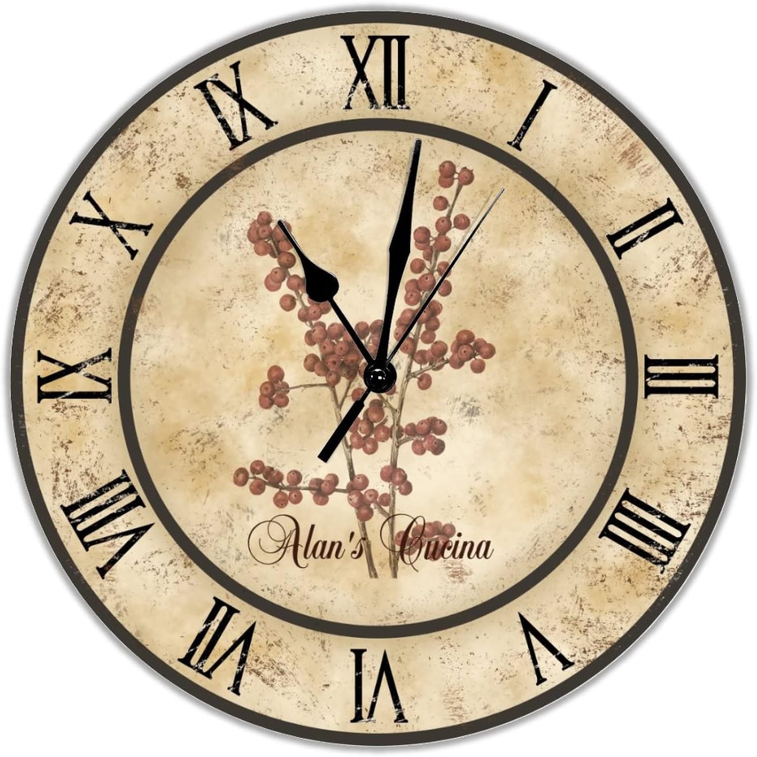 Raspberry Cucina Personalized Wooden Wall Clock Sweet Strawberries Large Wood Wall Clocks Silent Movement Battery Operated 15 inch Classic Farmhouse Clock for Living Room Home Bedroom Kitchen