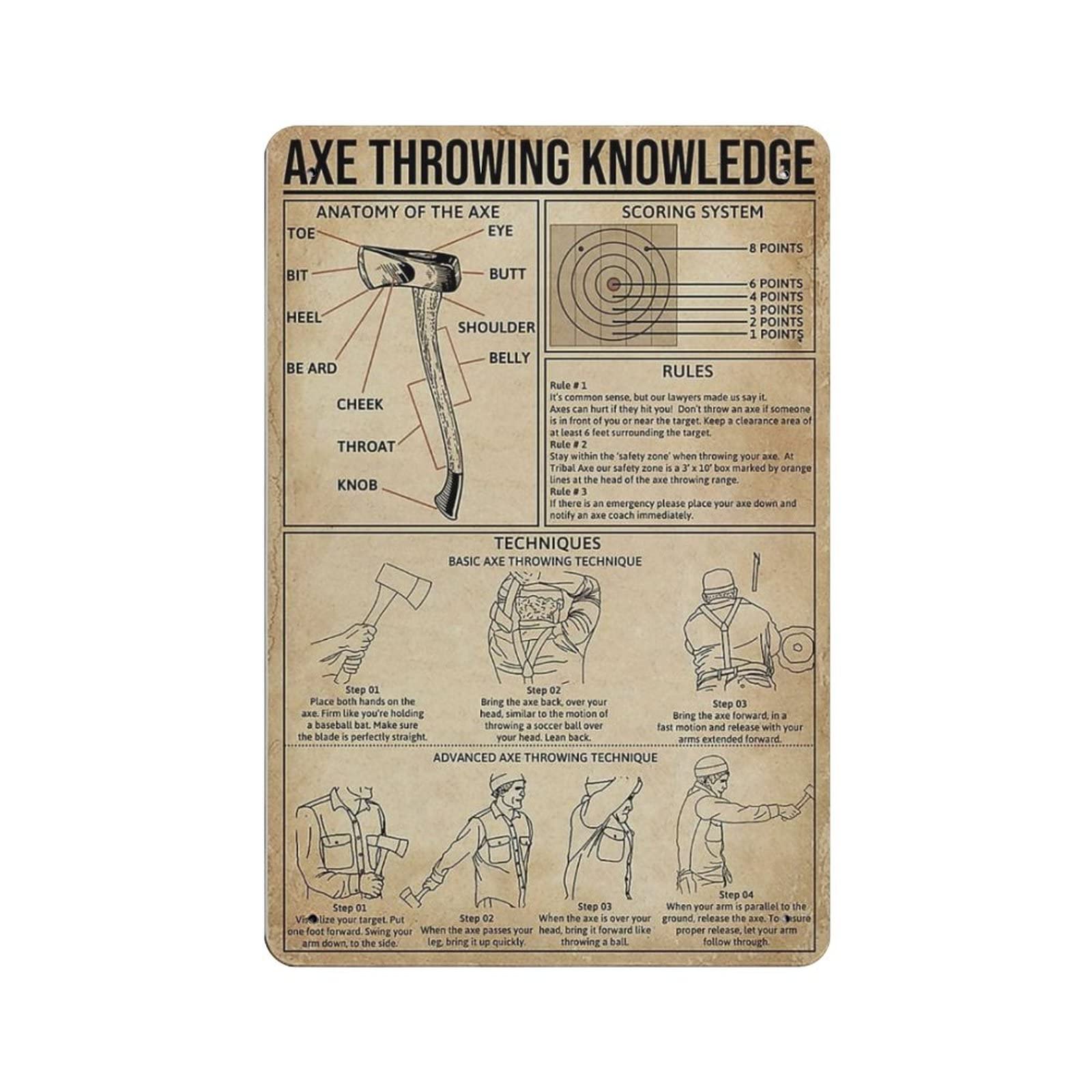 AOOEDM Axe Throwing Knowledge Metal Tin Signs for Man Cave Funny Art Wall Plaque Kitchen Bar Sign Coffee Shop Garage Wall Decor Hanging Decor