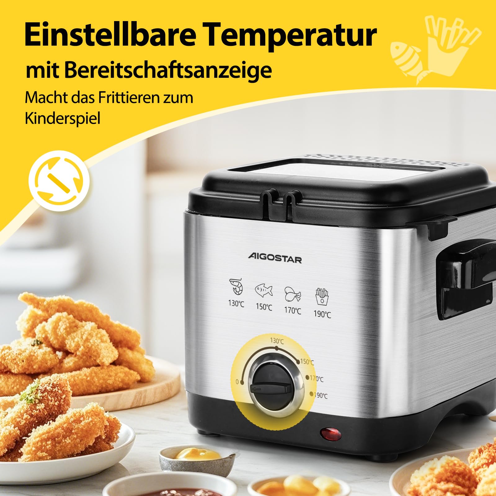Aigostar 1,5L Fritteuse (1000W) - Edelstahl mit Temperaturregelung, Ölmarkierung, Antihaft-Korb, Geruchsfilter & Spülmaschinenkorb - Sicherheitsgriff + Sichtfenster - silber