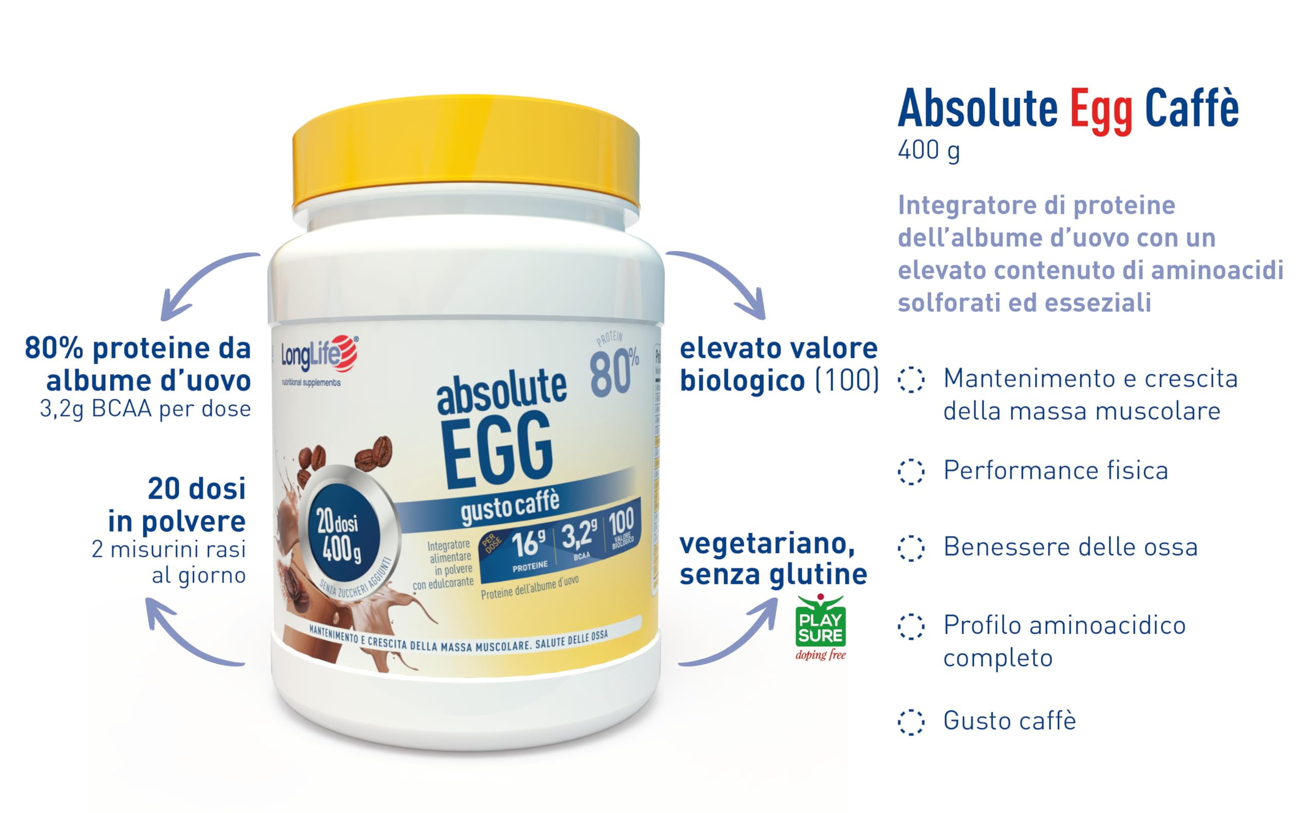 LongLife® Absolute Egg caffè | Proteine dell’albume d’uovo 80% | Crescita e mantenimento della massa muscolare | Benessere delle ossa | Polvere gusto caffè | 20 dosi | Vegetariano e senza glutine