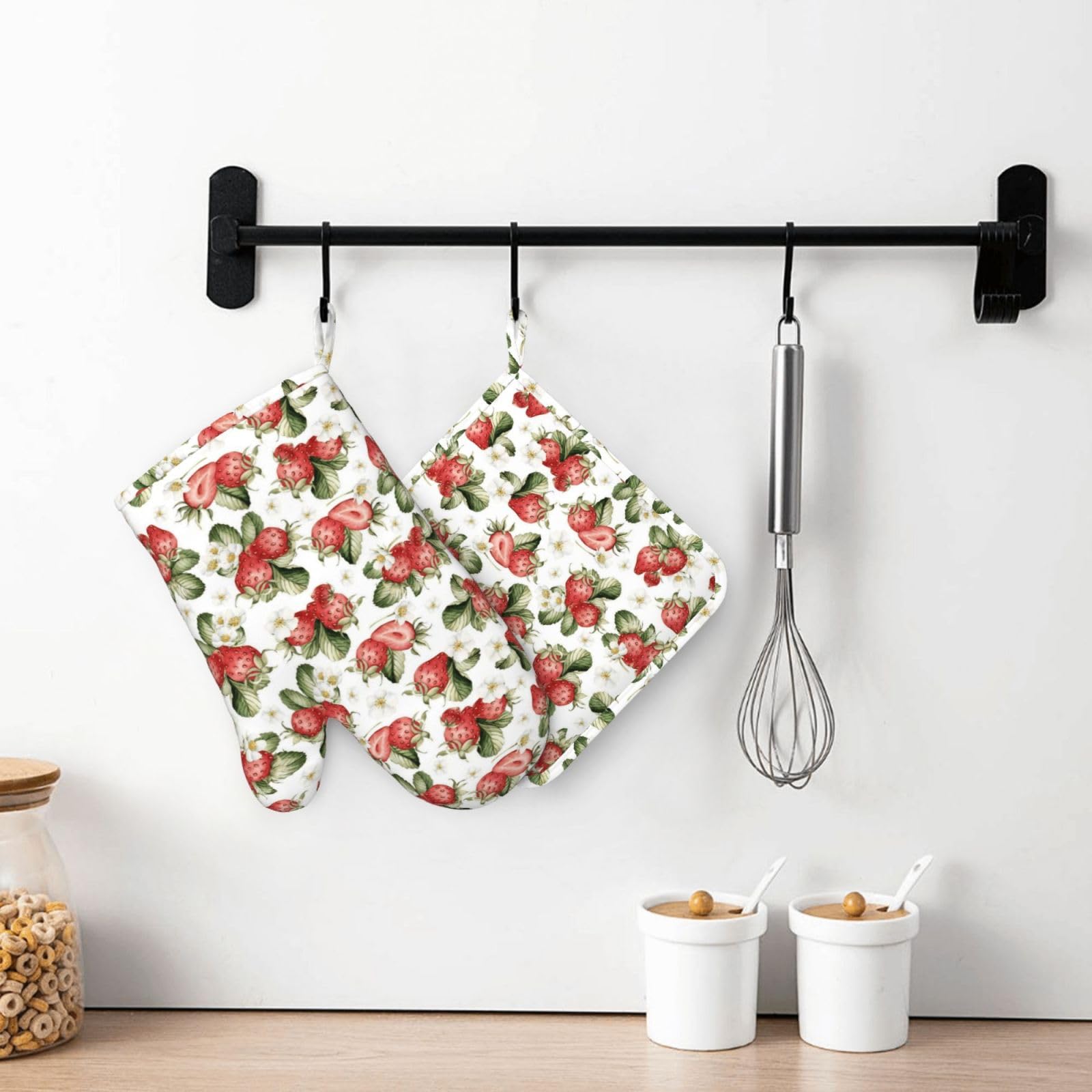 Juego de 4 manoplas de horno y agarraderas de verano de frutas y fresas, guantes de cocina florales de acuarela resistentes al calor, almohadillas calientes para cocinar, hornear, asar a la parrilla