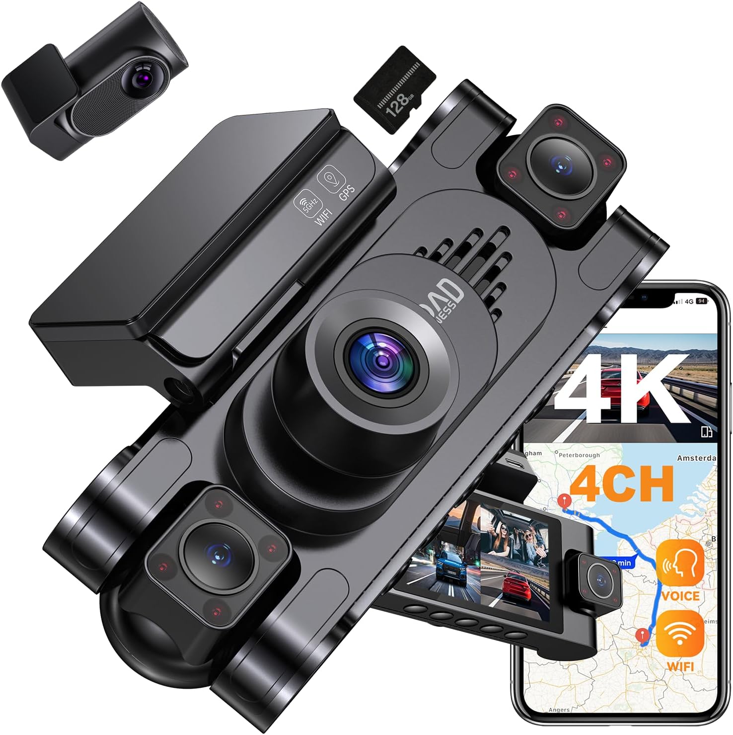 4K 360° DashCam for Cars,4 Channel Car Dash Cam Front and Rear Inside with 128GB Card Included,Voice Control,5.8G WiFi GPS,IR Night Vision, G Sensor, 24/7 Parking Mode &Loop Recording Dash Camera