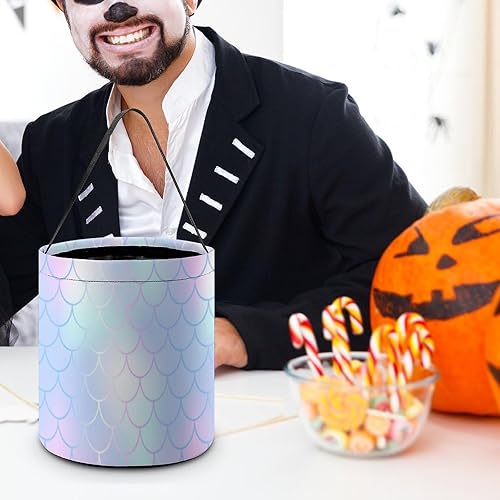 Miniatura 8 de SLNFDKND Cubo de cubo de Halloween con diseño de sirena arcoíris, bolsa de dulces para niños, decoraciones de Halloween
